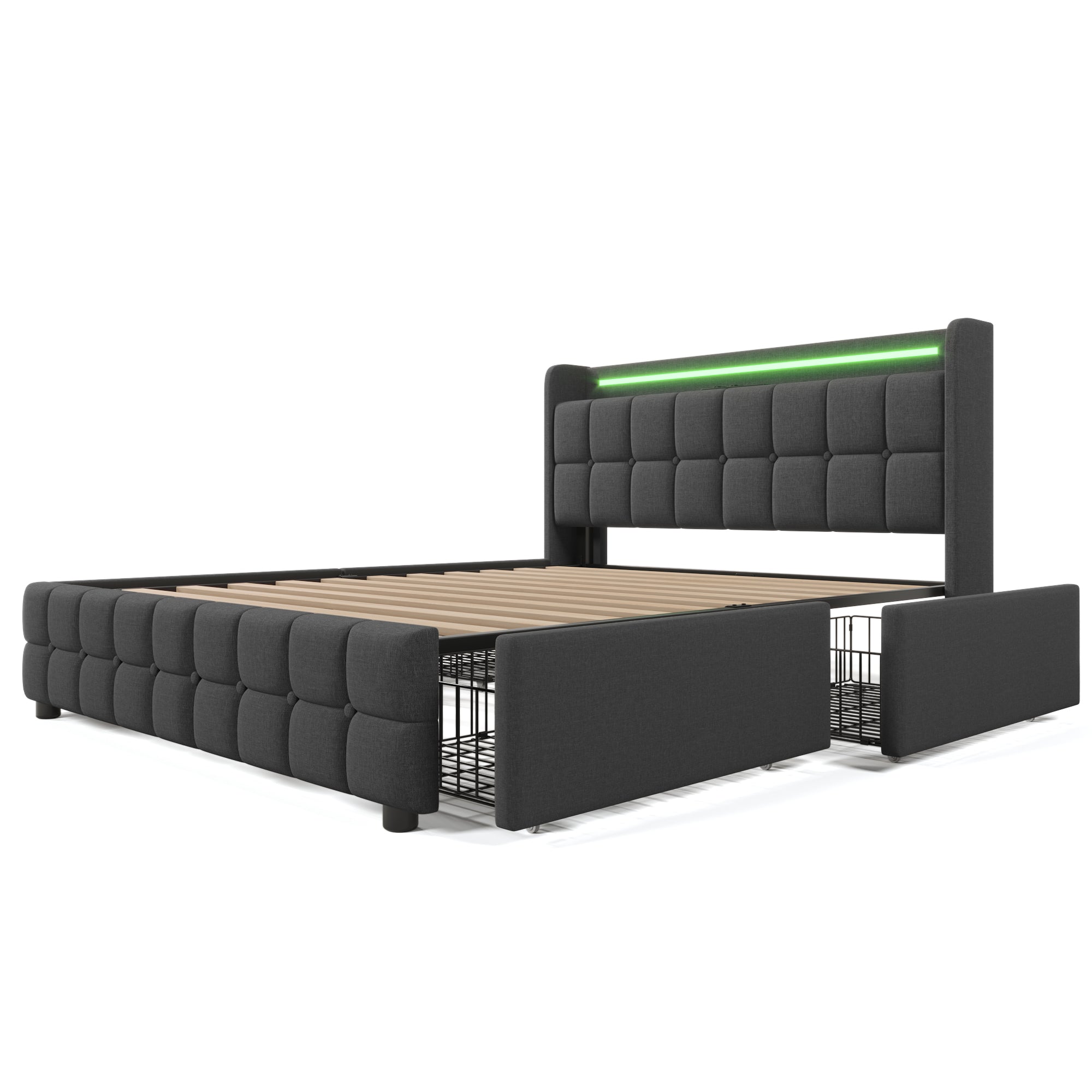Upholstered Bed with USB Charging, LED Headboard, 4 Drawers, Wood Frame, Gray