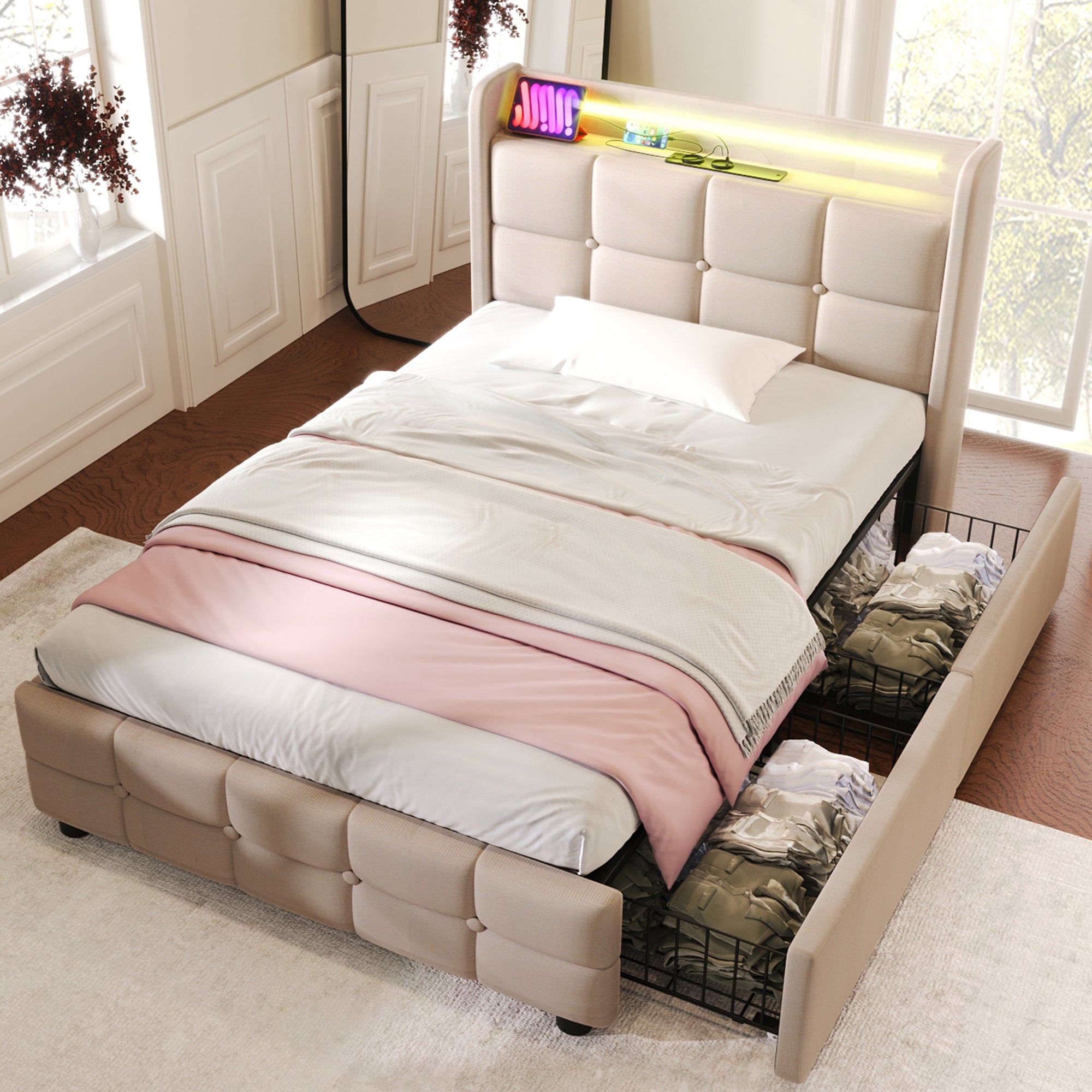 Upholstered Bed, USB, LED, 2 Drawers, Single, Beige