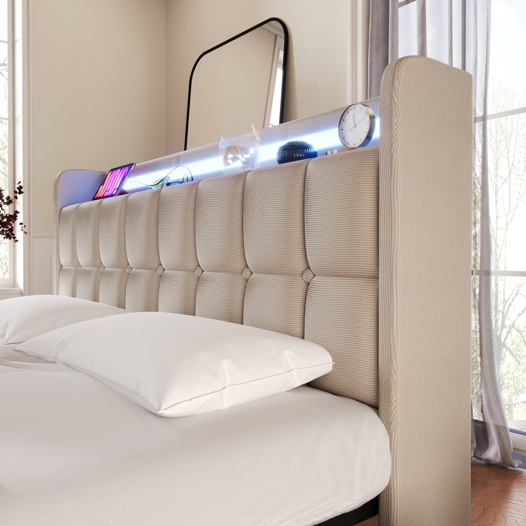 Upholstered Bed, USB, LED, 2 Drawers, Single, Beige