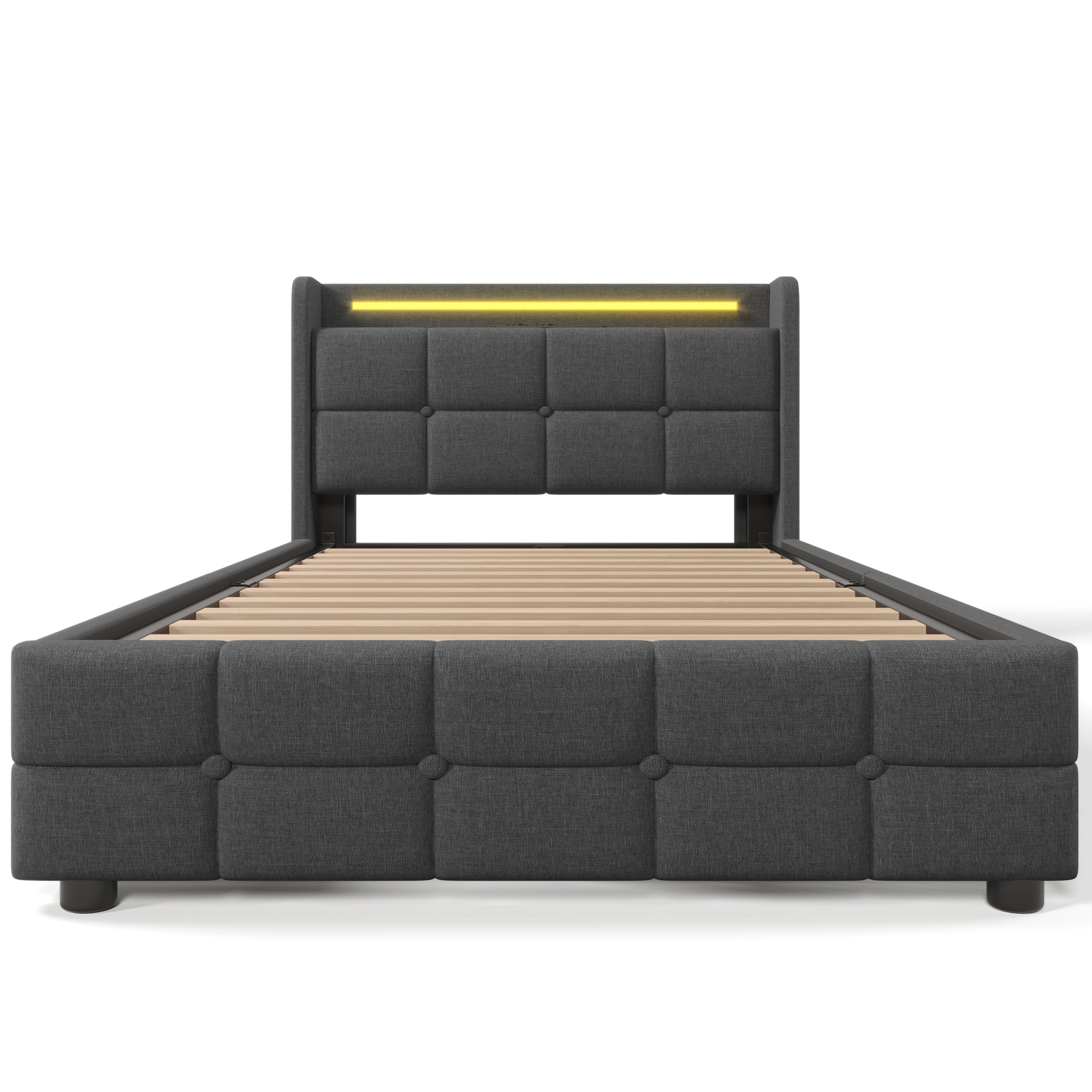 Upholstered Bed, USB Charging LED Headboard Storage, Gray