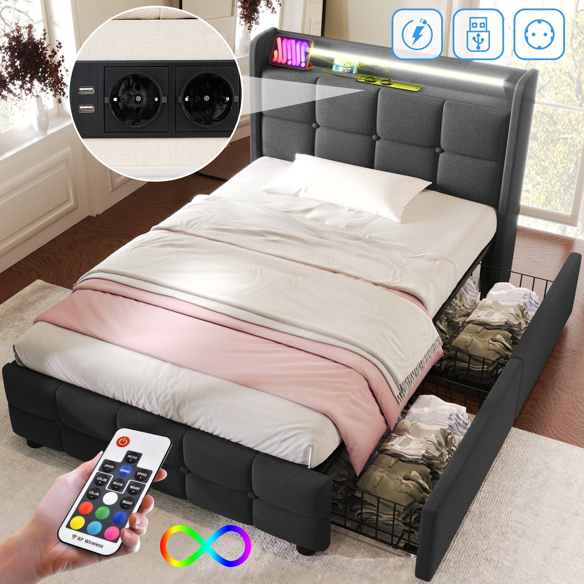 Upholstered Bed, USB Charging LED Headboard Storage, Gray
