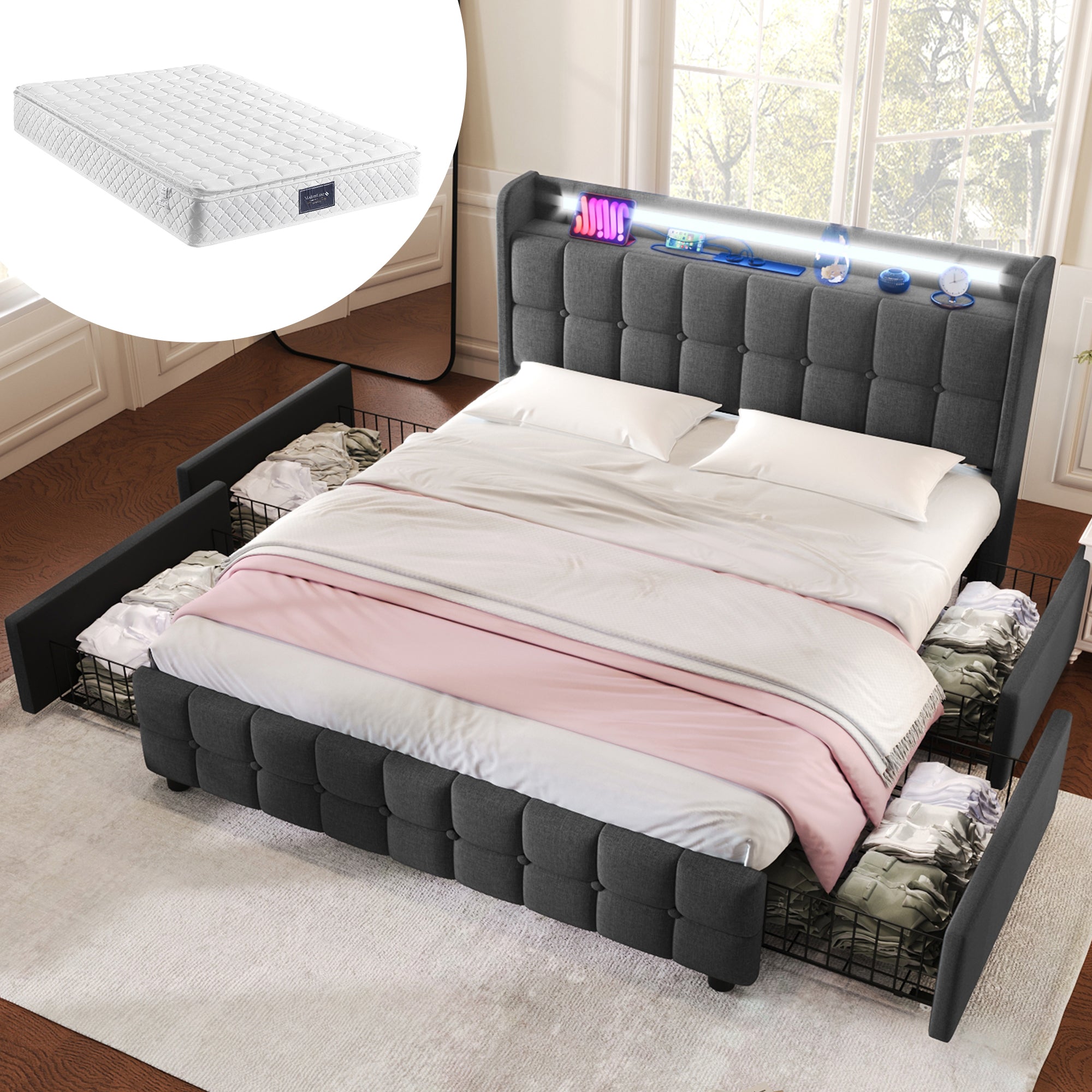 Upholstered Bed 160x200cm, USB Charging LED Headboard Storage 4 Drawers, Wooden Slats Grey