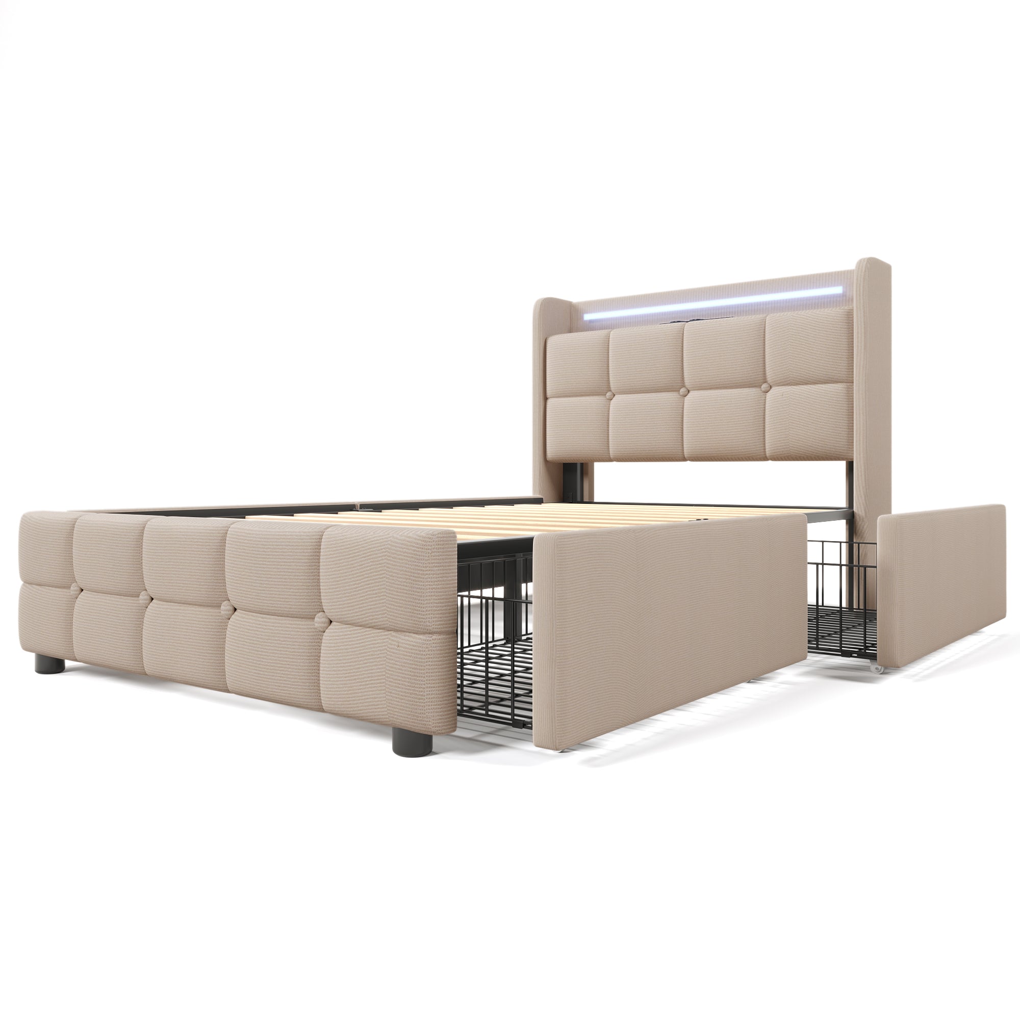 Upholstered Bed with USB Charging, LED Headboard, 2 Drawers, Single, Beige Linen