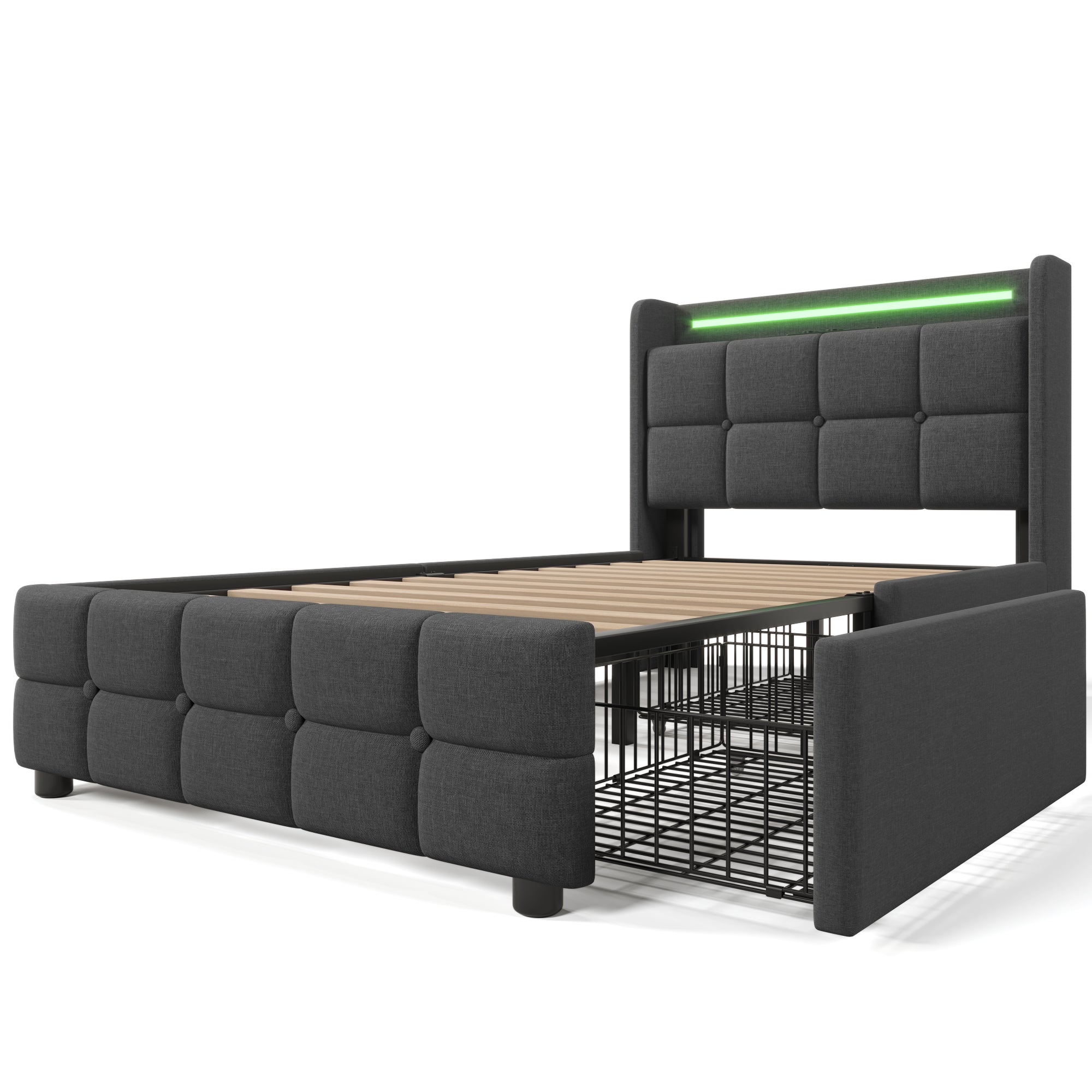 Upholstered Bed, USB Charging LED Headboard Storage, Gray