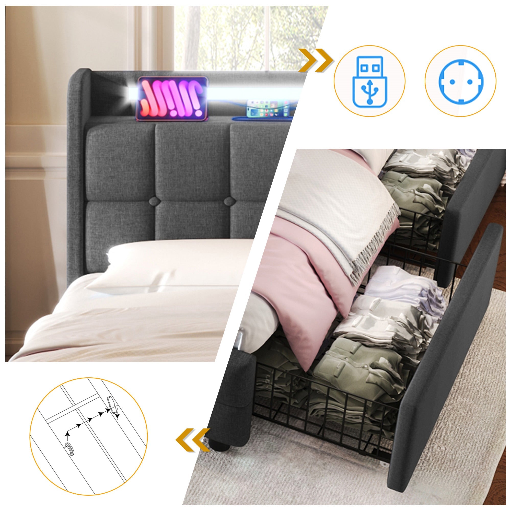 Upholstered Bed, USB Charging, LED Headboard, 4 Drawers, Gray