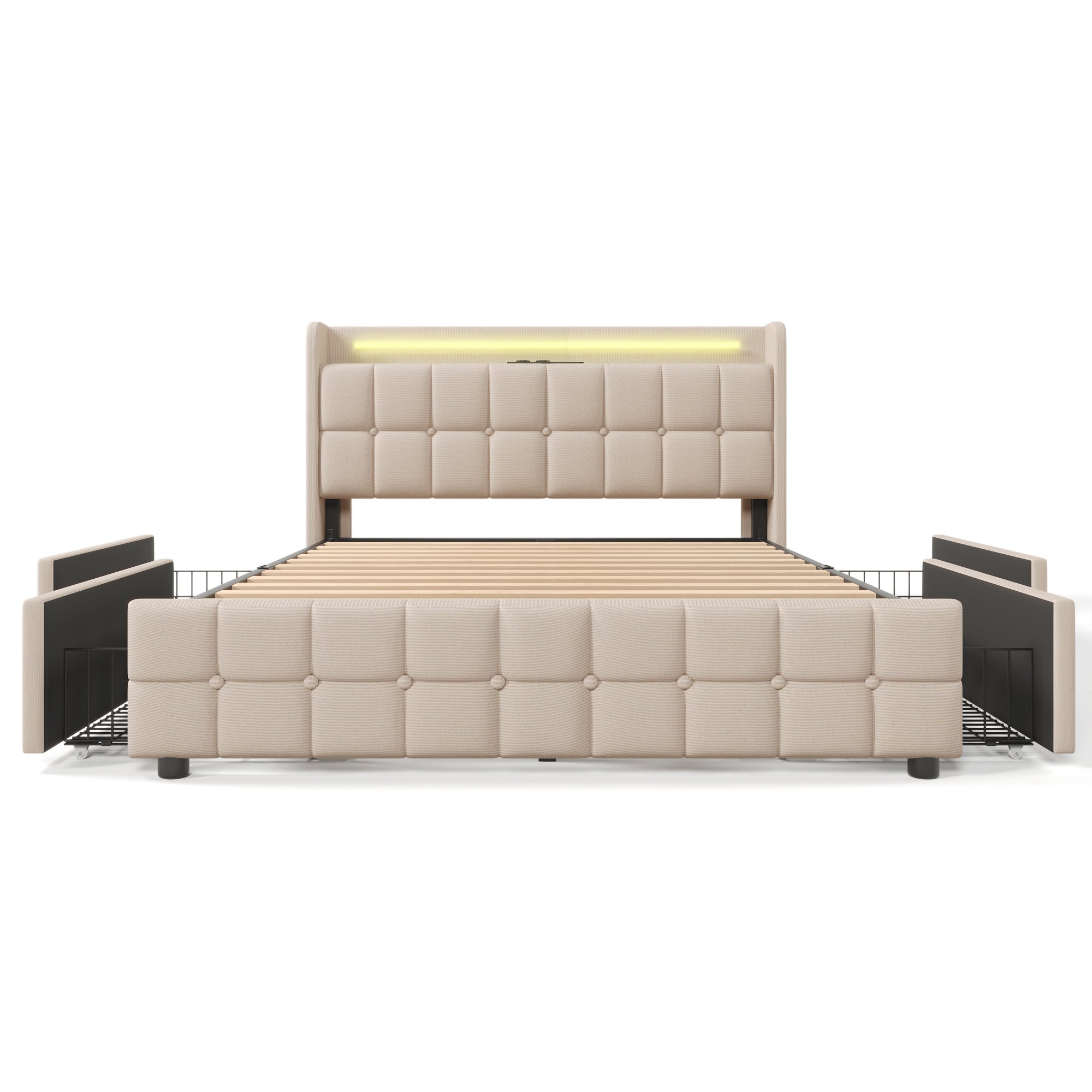 Upholstered Bed with USB, LED, 4 Drawers, 160x200cm, Beige