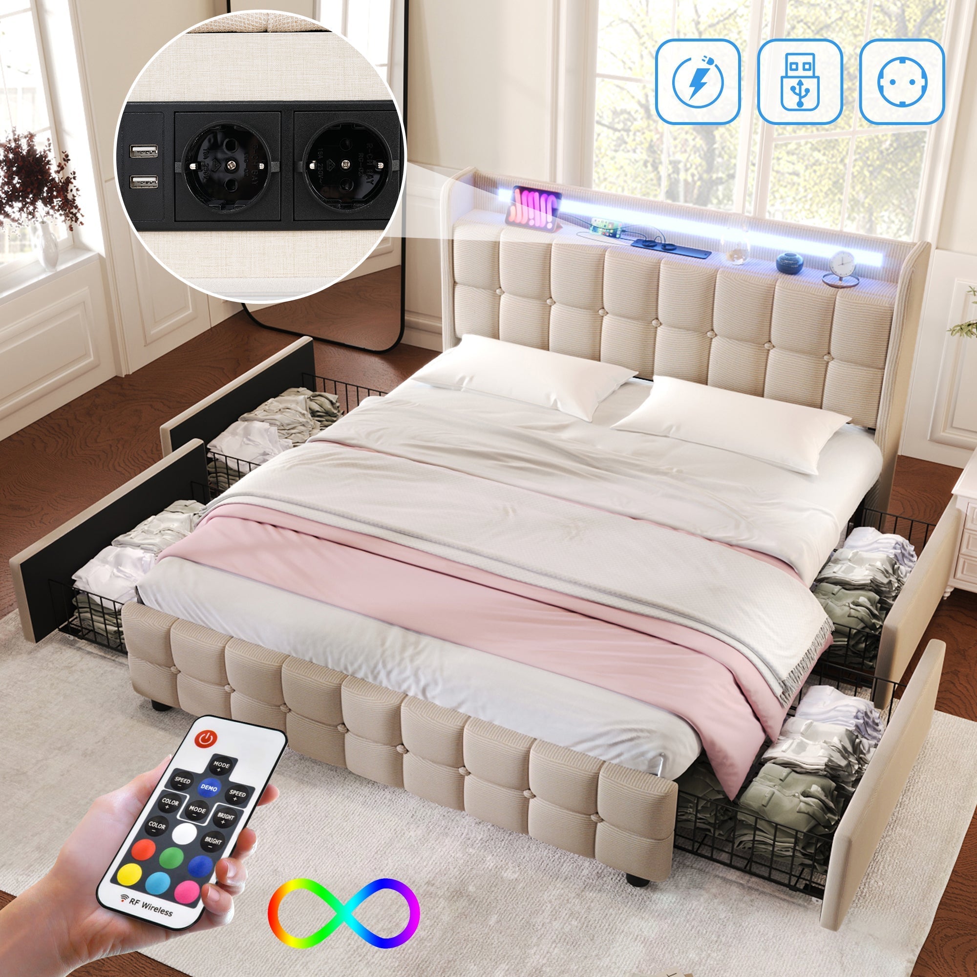 Upholstered Bed, USB Charging LED Headboard, 4-Drawer Storage, 140x200cm, Beige