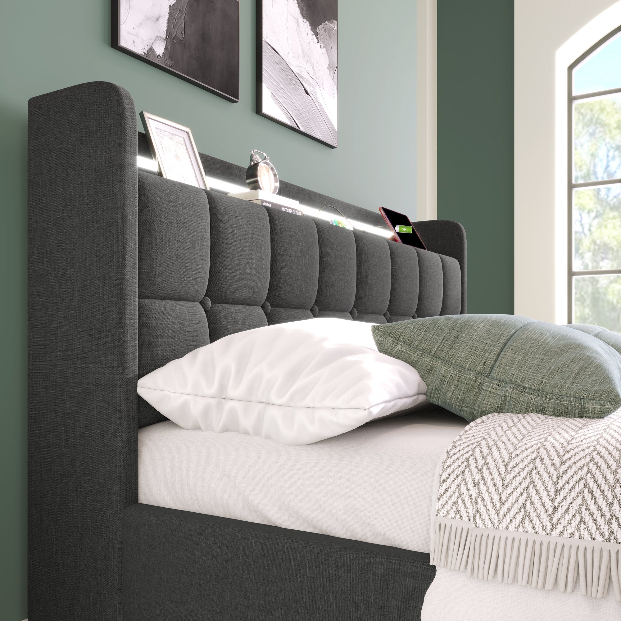 Upholstered Bed, USB Charging, LED Headboard, 4 Drawers, Gray