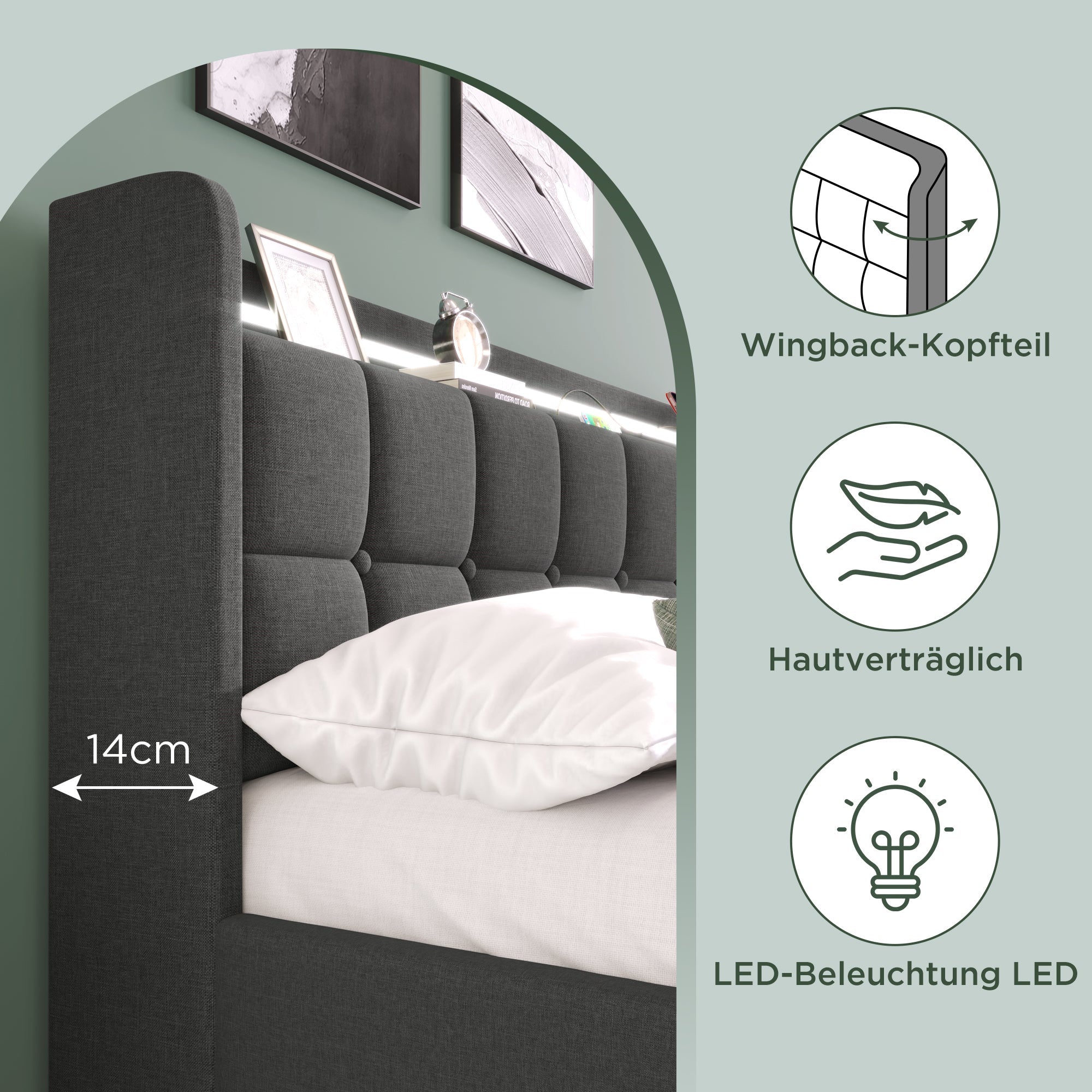 Upholstered Bed, USB Charging LED Headboard 4-Drawer Storage, Gray