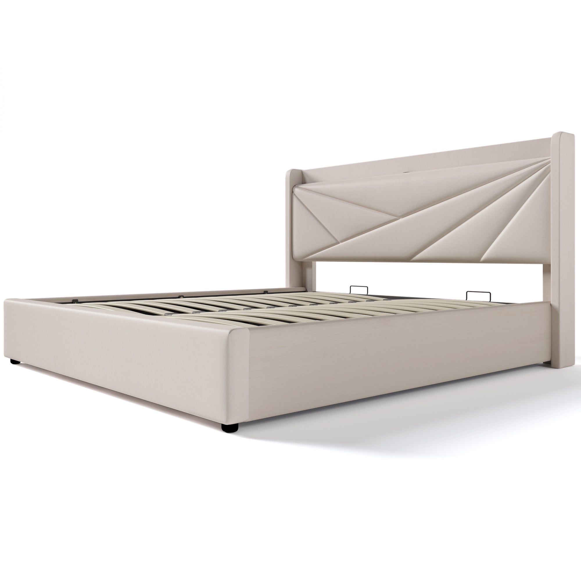 Upholstered Double Bed, Storage with USB Type C Headboard, Linen