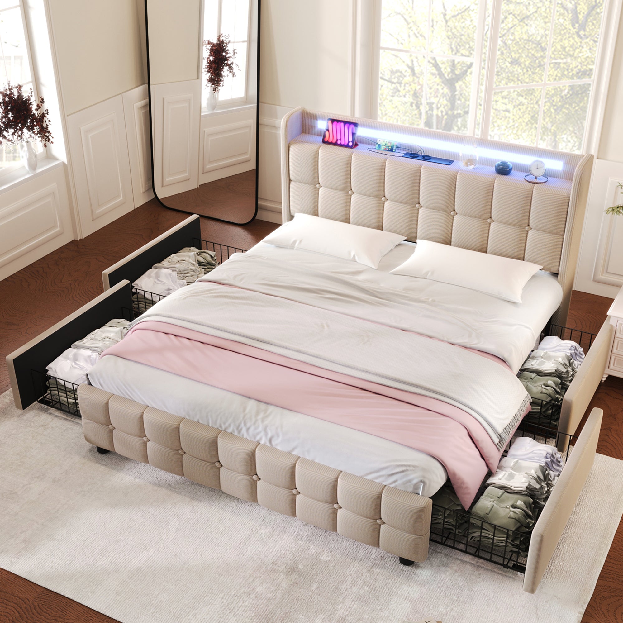 Upholstered Bed, USB Charging LED Headboard 4 Drawers, Beige