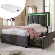 Upholstered Bed, LED Lighting, 2 Drawers, Adjustable Headboard, Storage, Wood, Garu