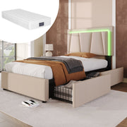 Upholstered Bed 90x200cm LED, 2 Drawers, Adjustable Headboard, Wooden Slats, Beige (with Mattress)