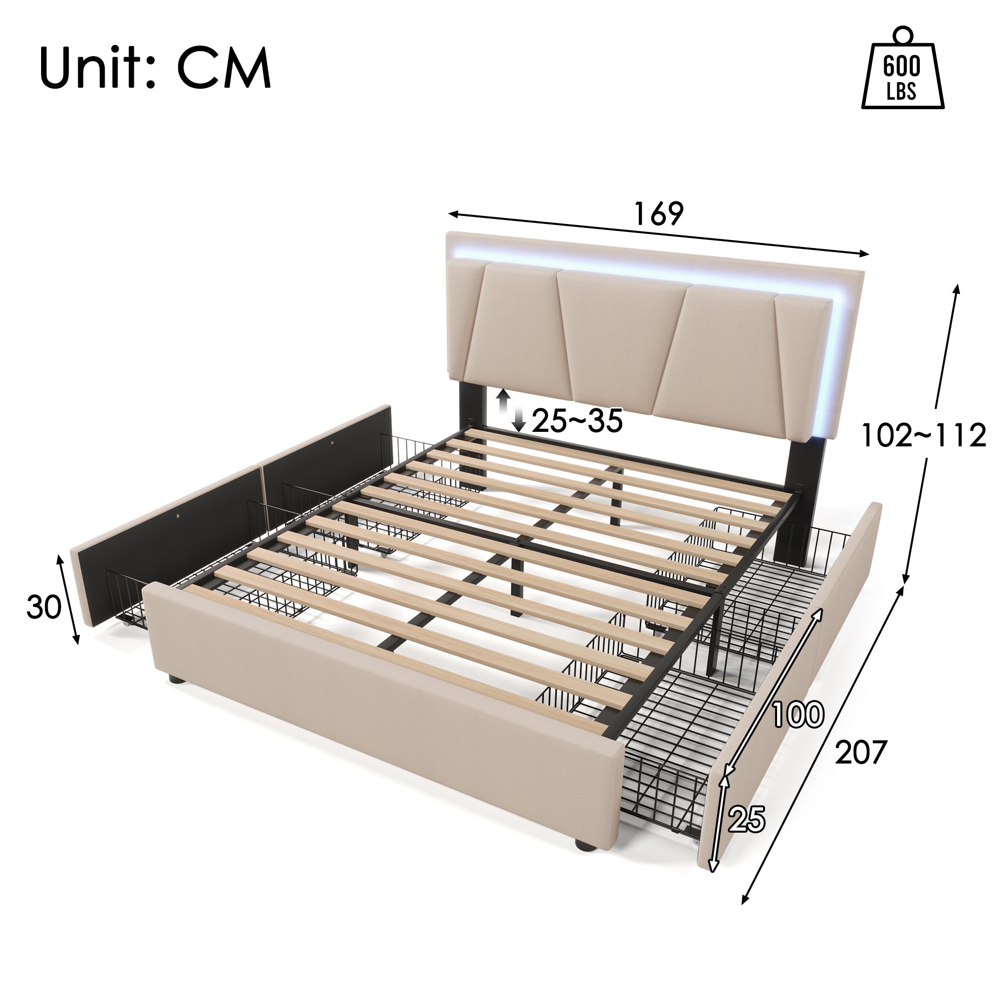 Upholstered Bed with LED Lighting, 4 Drawers and Adjustable Headboard, 160x200cm, Beige