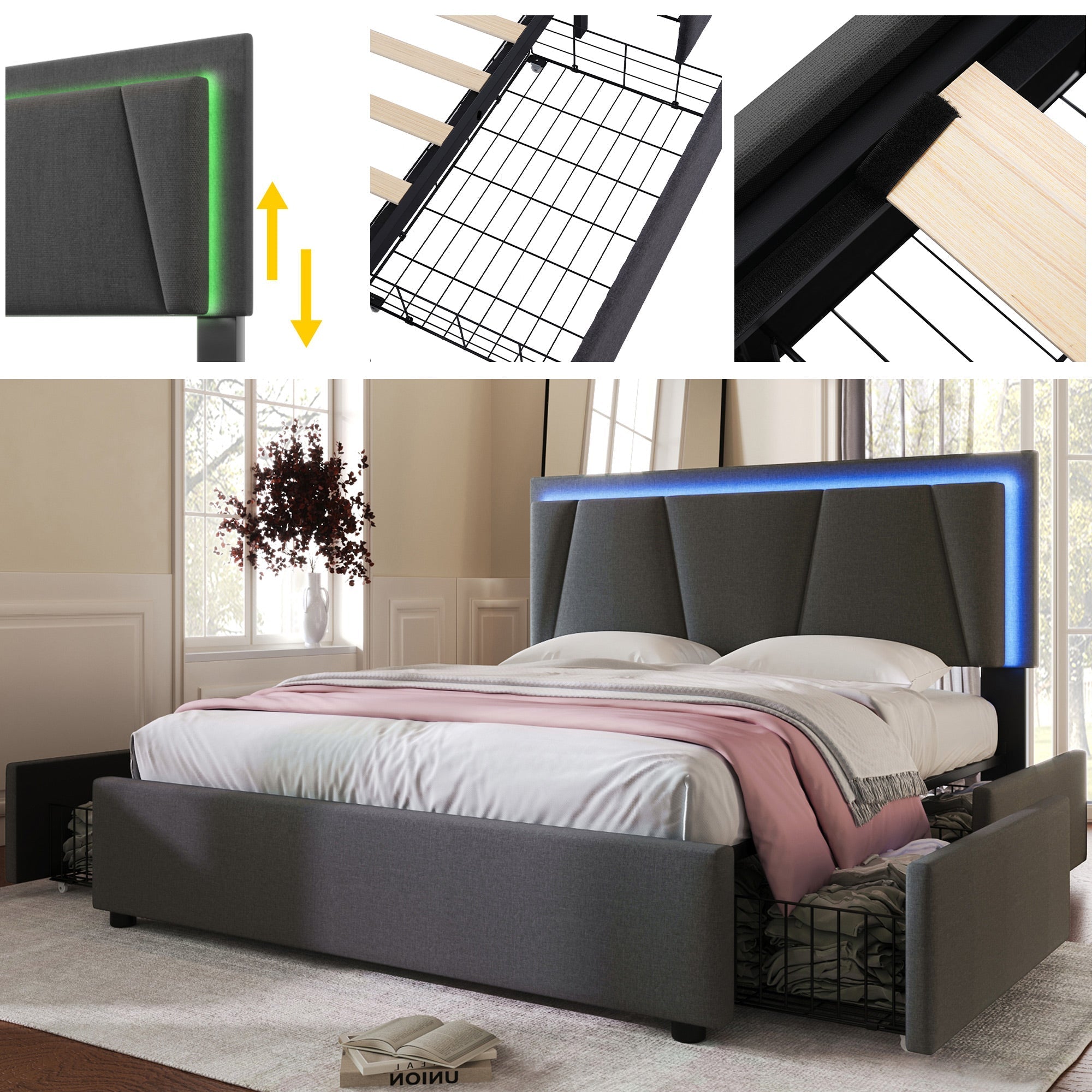 Upholstered Bed with LED Lighting, 4 Drawers, Adjustable Headboard and Mattress, 160x200cm, Grey