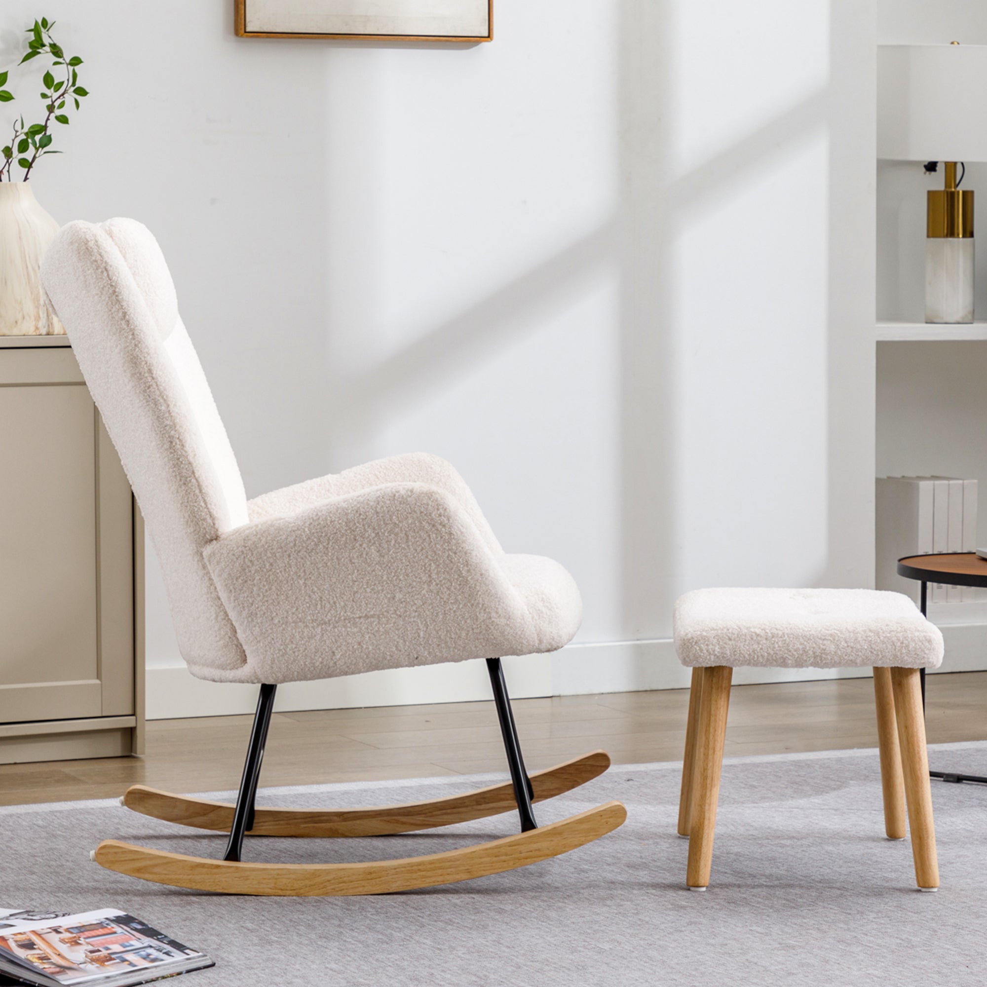 Rocking Chair, Soft Teddy Plush with Headrest & Footrest, White