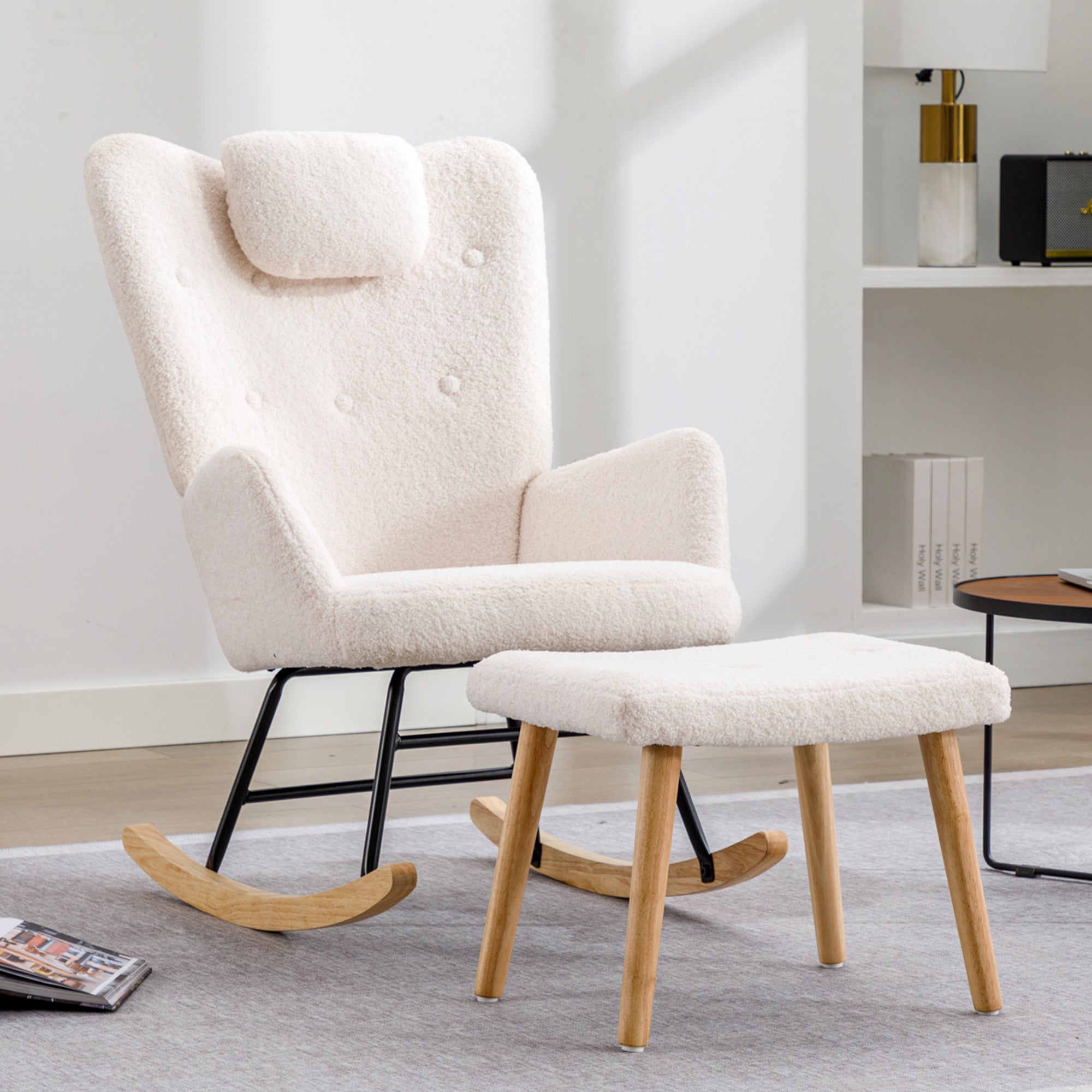 Rocking Chair, Soft Teddy Plush with Headrest & Footrest, White
