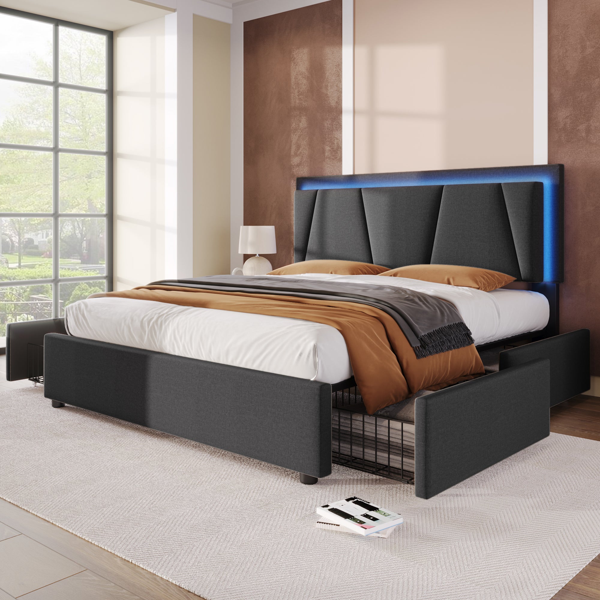 Upholstered Bed, LED, 4 Drawers, Adjustable Headboard, Double 160x200cm, Gray Linen