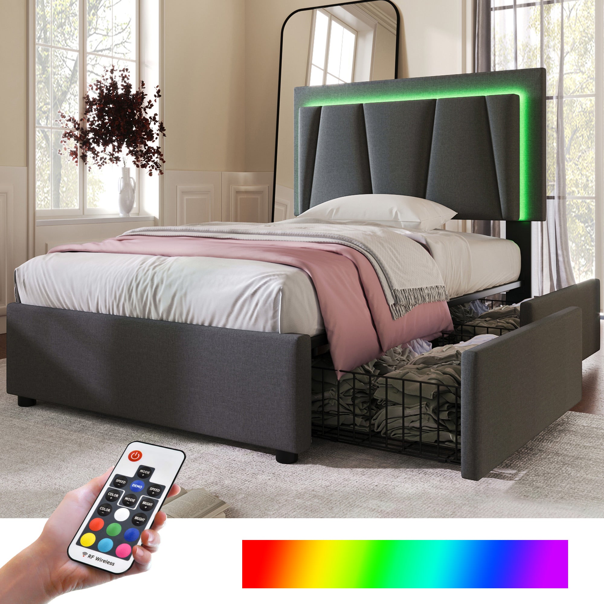 Upholstered Bed, Single 90x200cm, LED & 2 Drawers, Wooden Slatted Frame, Garu