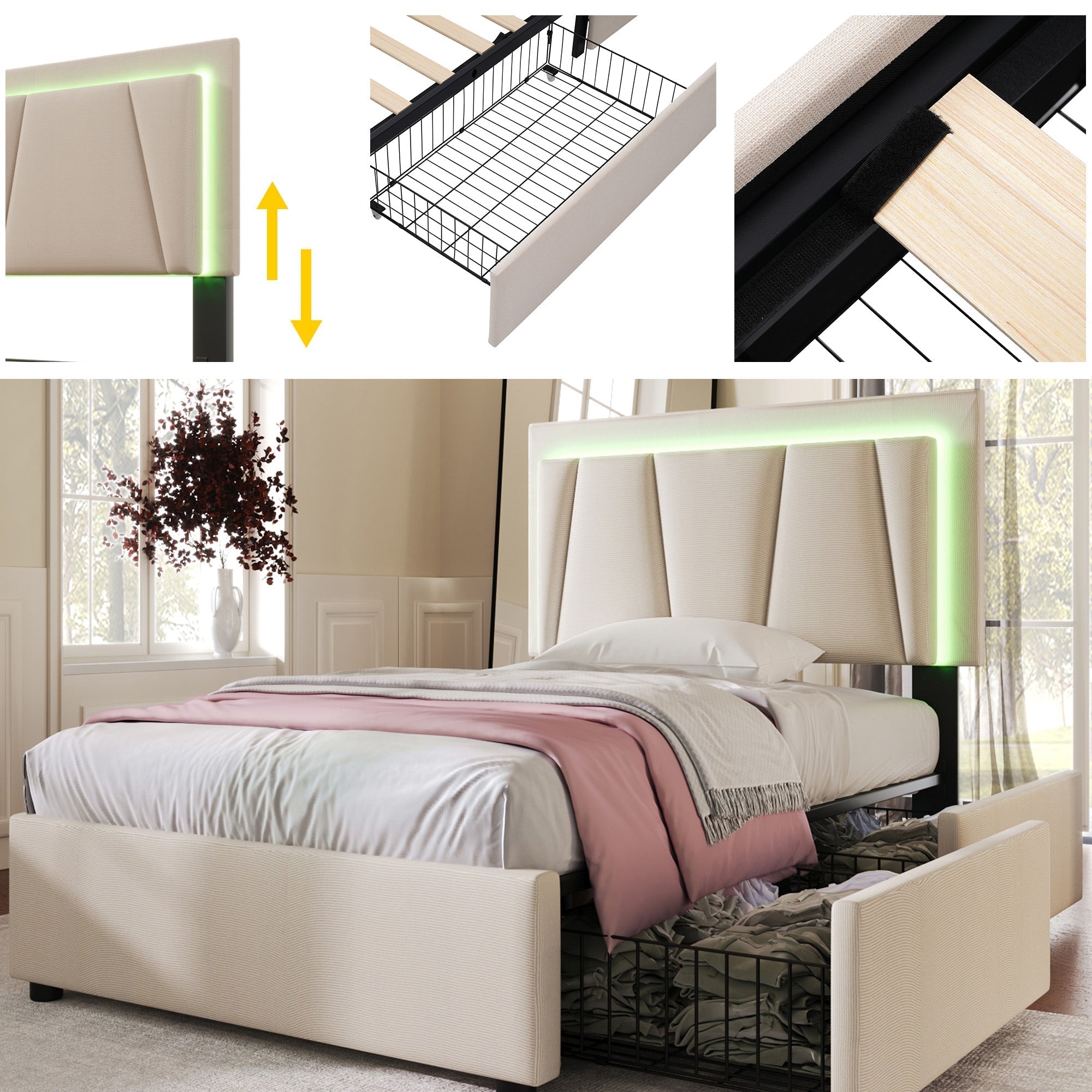 Upholstered Bed 90x200cm LED, 2 Drawers, Adjustable Headboard, Wooden Slats, Beige (with Mattress)