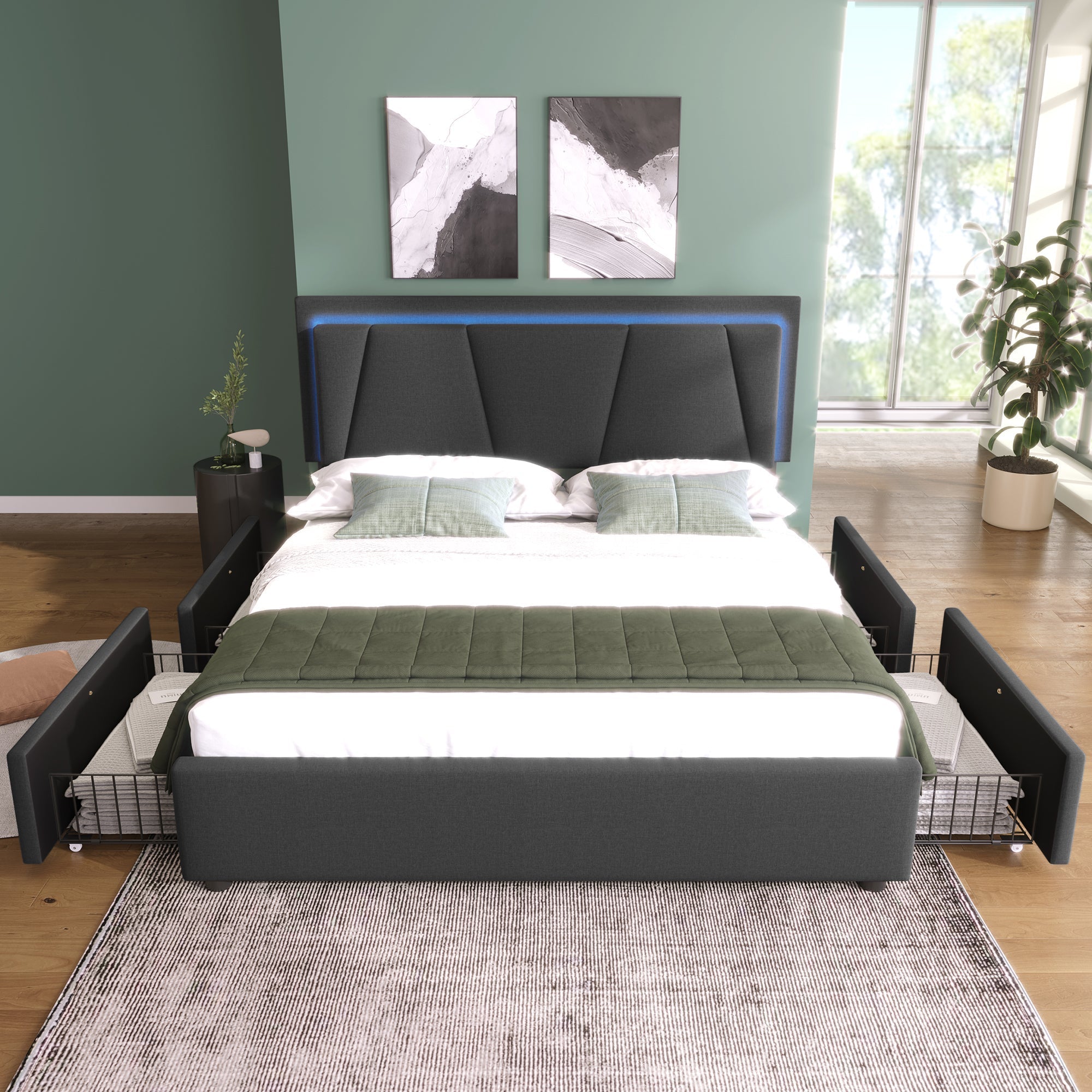 Upholstered Bed with LED Lighting, 4 Drawers, Adjustable Headboard and Mattress, 160x200cm, Grey