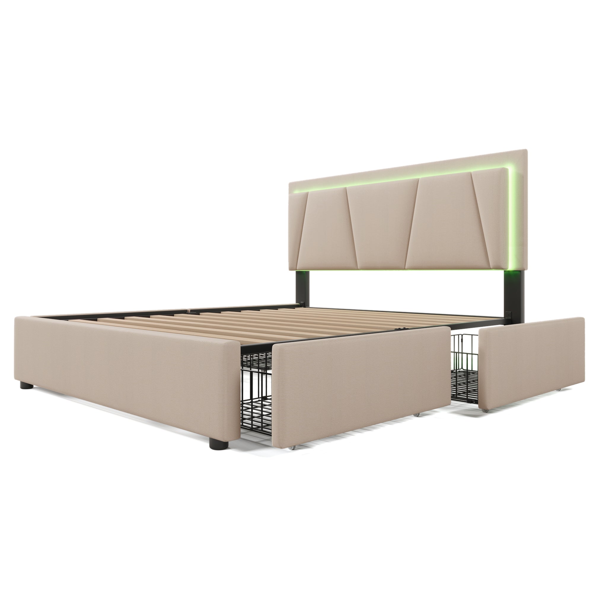 Upholstered Bed, LED Lighting, 4 Drawers, Adjustable Headboard, 140x200cm, Beige