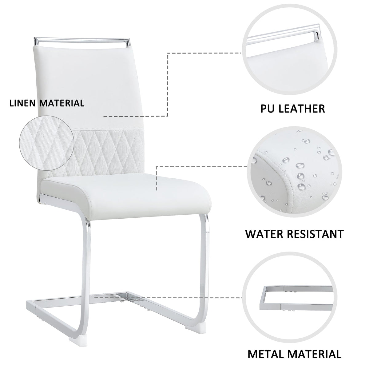Dining Chairs Set of 6 Upholstered High-Back PU Leather Linen White