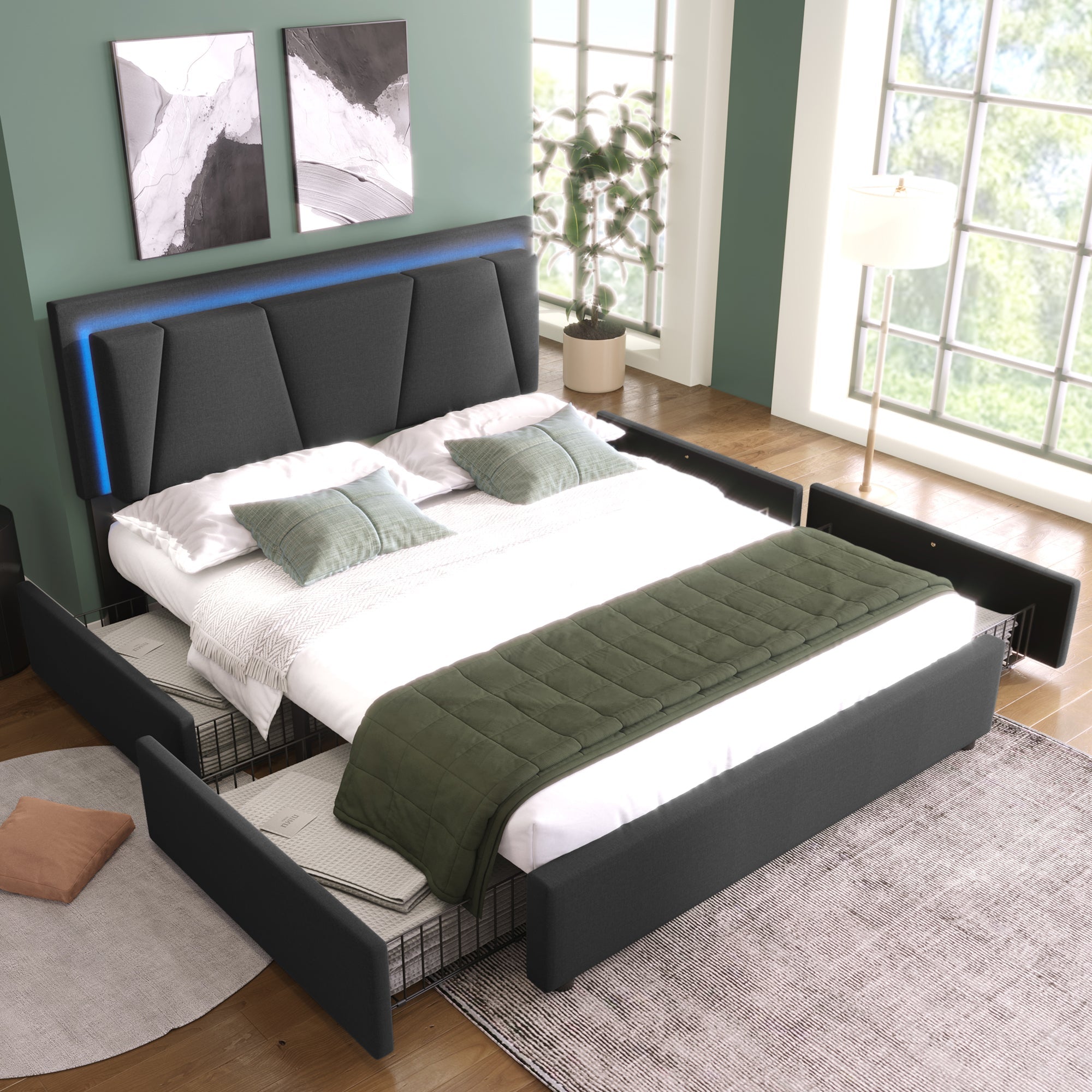 Upholstered Bed, LED Lighting & 4-Drawer Storage, Adjustable Headboard, Wood Slatted Frame, Gray