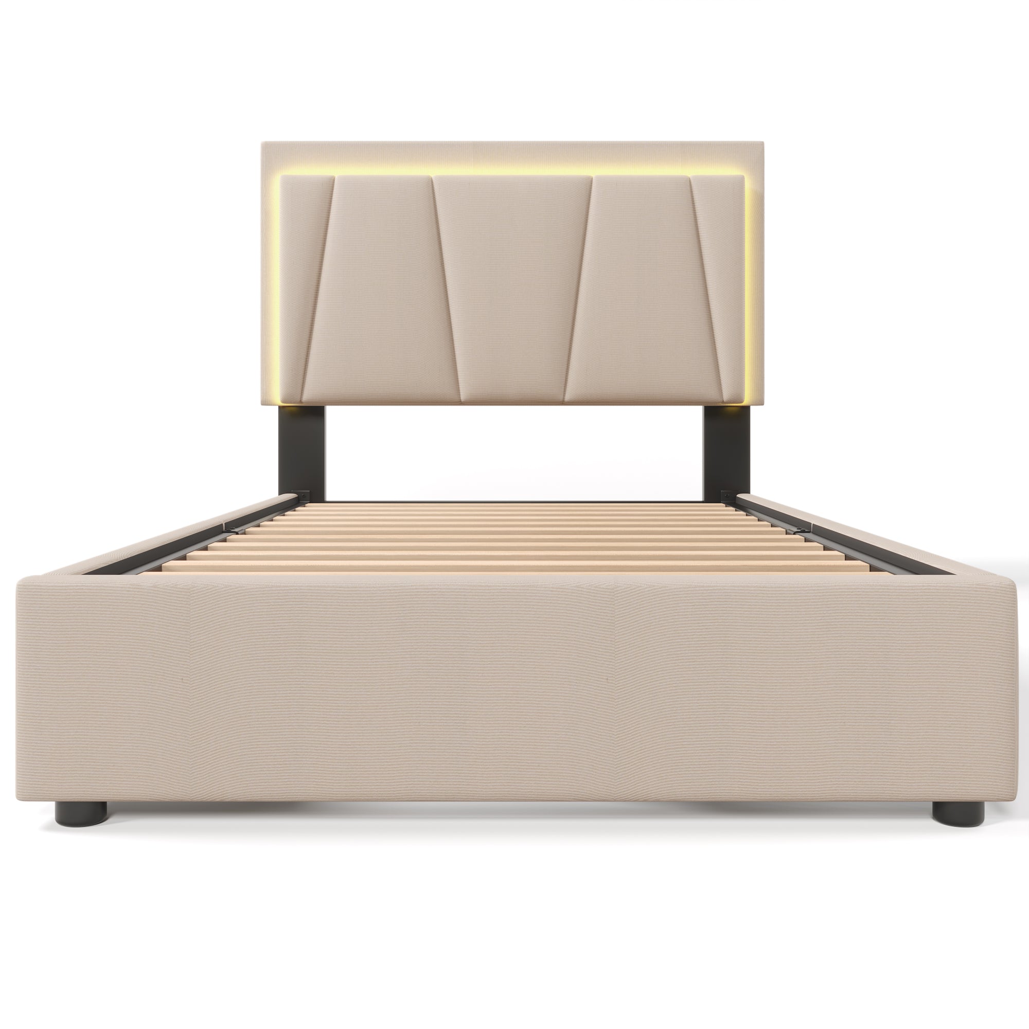 Upholstered Bed, LED, 2-Drawer, Height-Adjustable, Single 90x200cm, Beige Linen