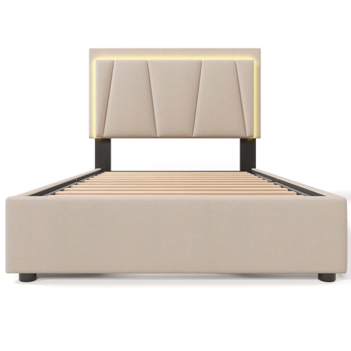 Upholstered Bed 90x200cm LED, 2 Drawers, Adjustable Headboard, Wooden Slats, Beige (with Mattress)