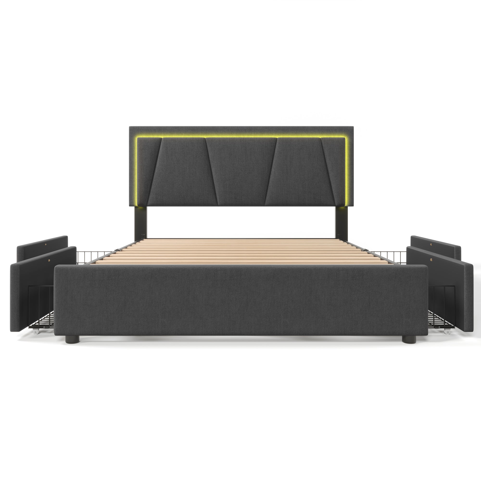 Upholstered Bed with LED Lighting, 4 Drawers, Height-Adjustable Headboard, Gray