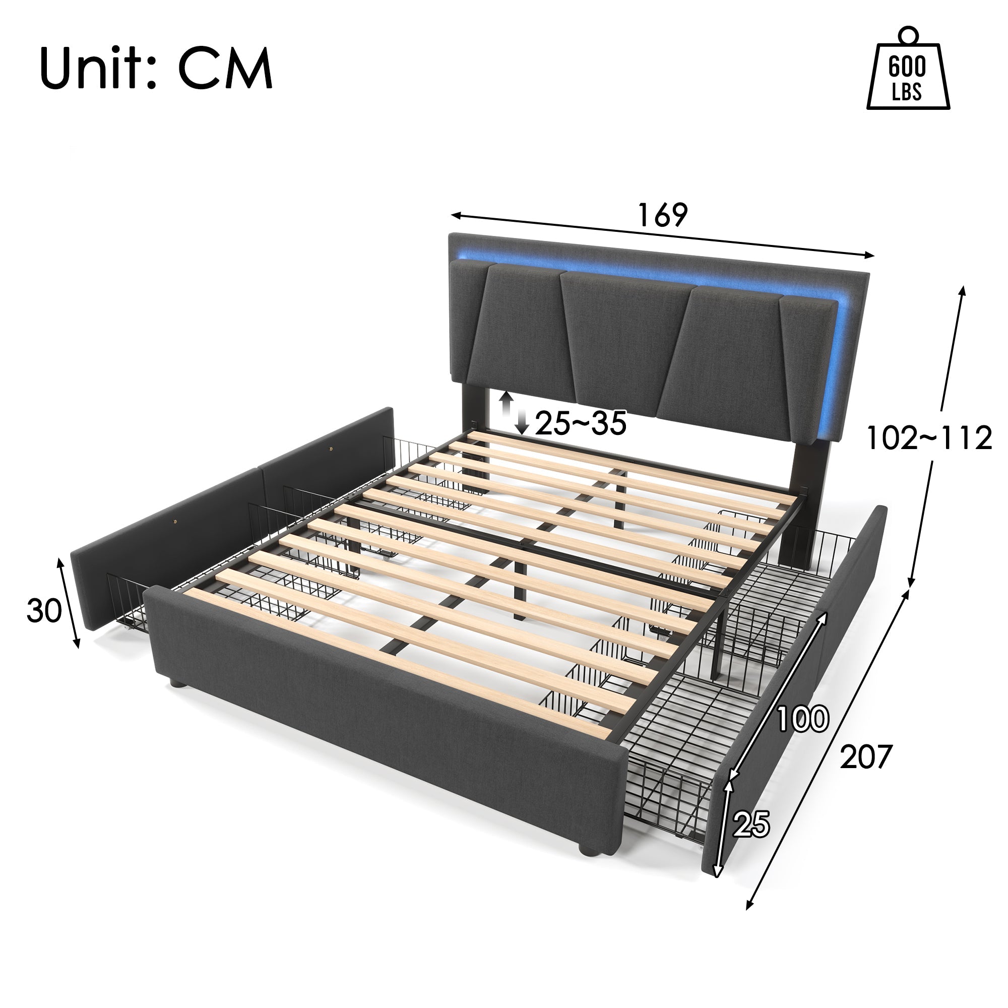 Upholstered Bed with LED Lighting, 4 Drawers, Height-Adjustable Headboard, Gray