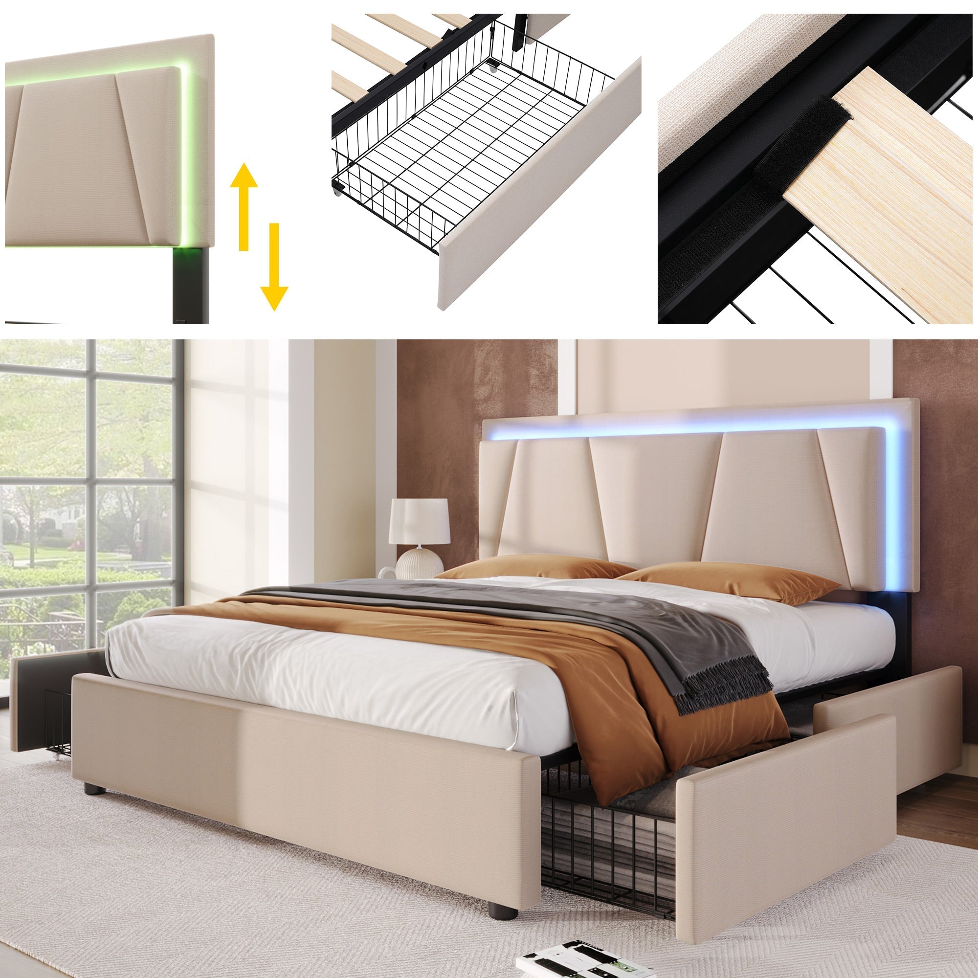 Upholstered Bed with LED Lighting, 4 Drawers and Height-Adjustable Headboard, 160x200cm, Beige Velvet