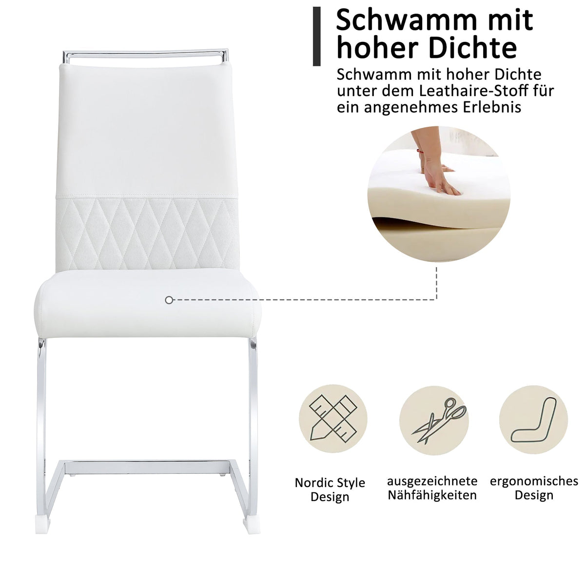 Modern Dining Chairs Set of 2, High-Backed Upholstered Side Chairs with Horizontal Stripe Backrest, White PU Leather & Linen