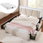 Upholstered Bed with LED Lighting, 4 Drawers and Height-Adjustable Headboard, 160x200cm, Beige Velvet