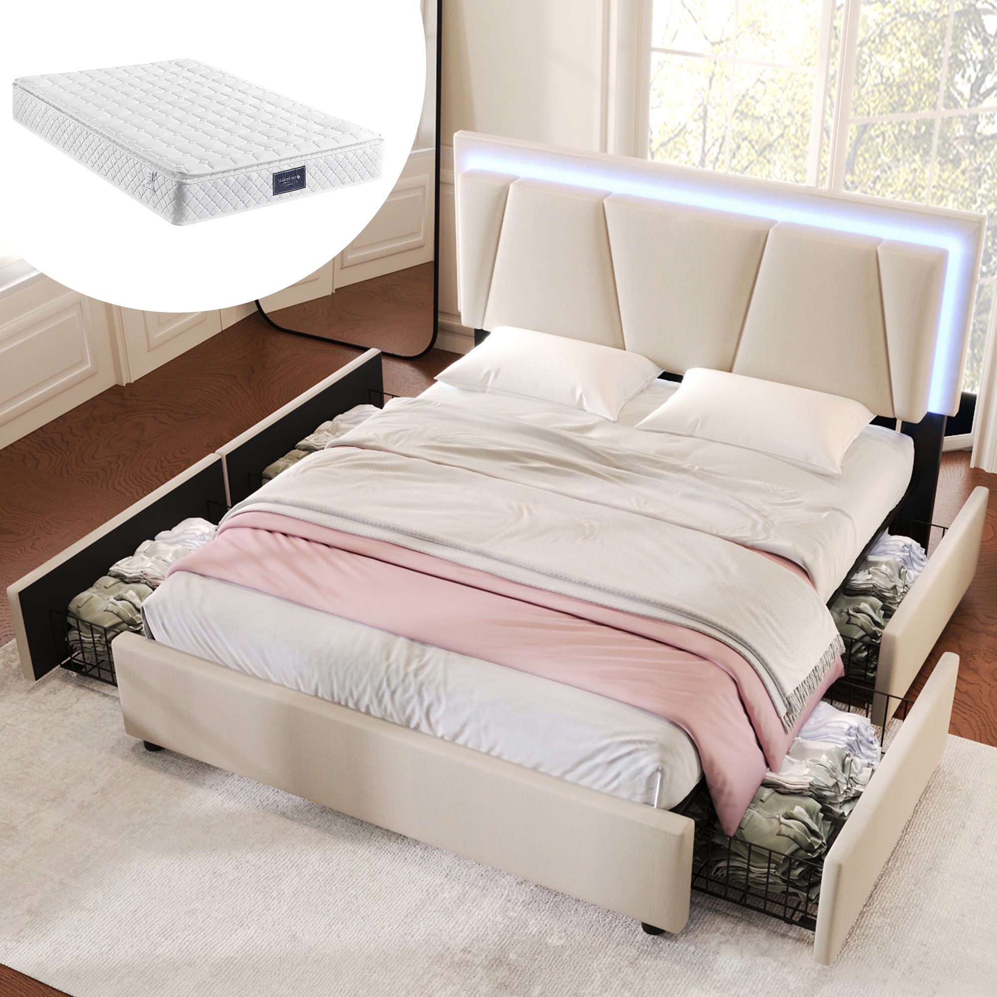Upholstered Bed with LED Lighting, 4 Drawers and Height-Adjustable Headboard, 160x200cm, Beige Velvet