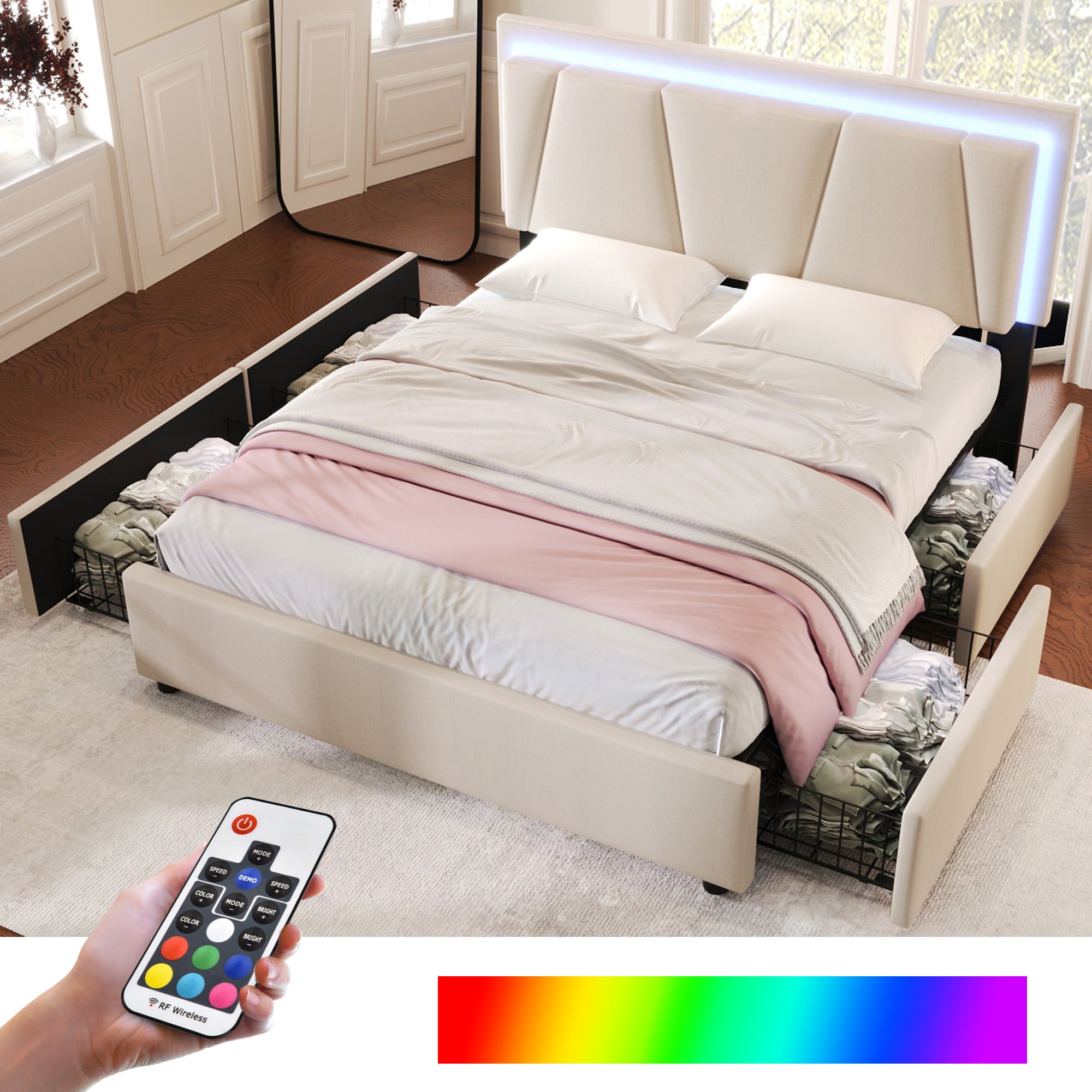Upholstered Bed with LED Lighting, 4 Drawers and Height-Adjustable Headboard, 160x200cm, Beige Velvet