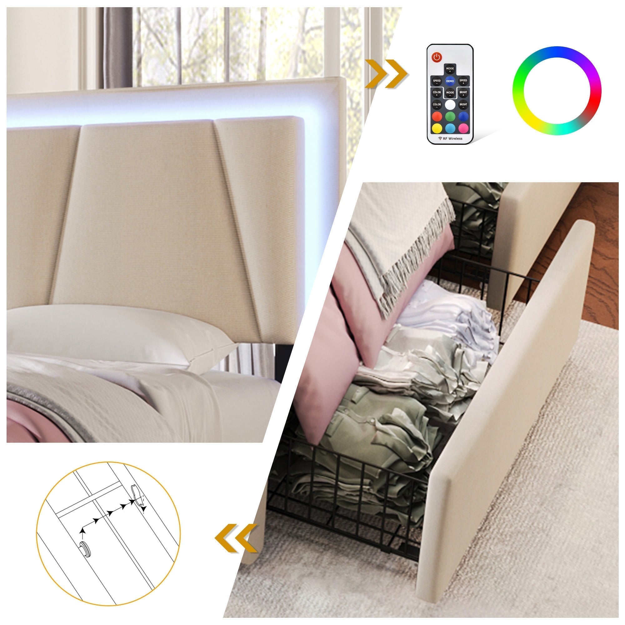 Upholstered Bed 90x200cm LED, 2 Drawers, Adjustable Headboard, Wooden Slats, Beige (with Mattress)