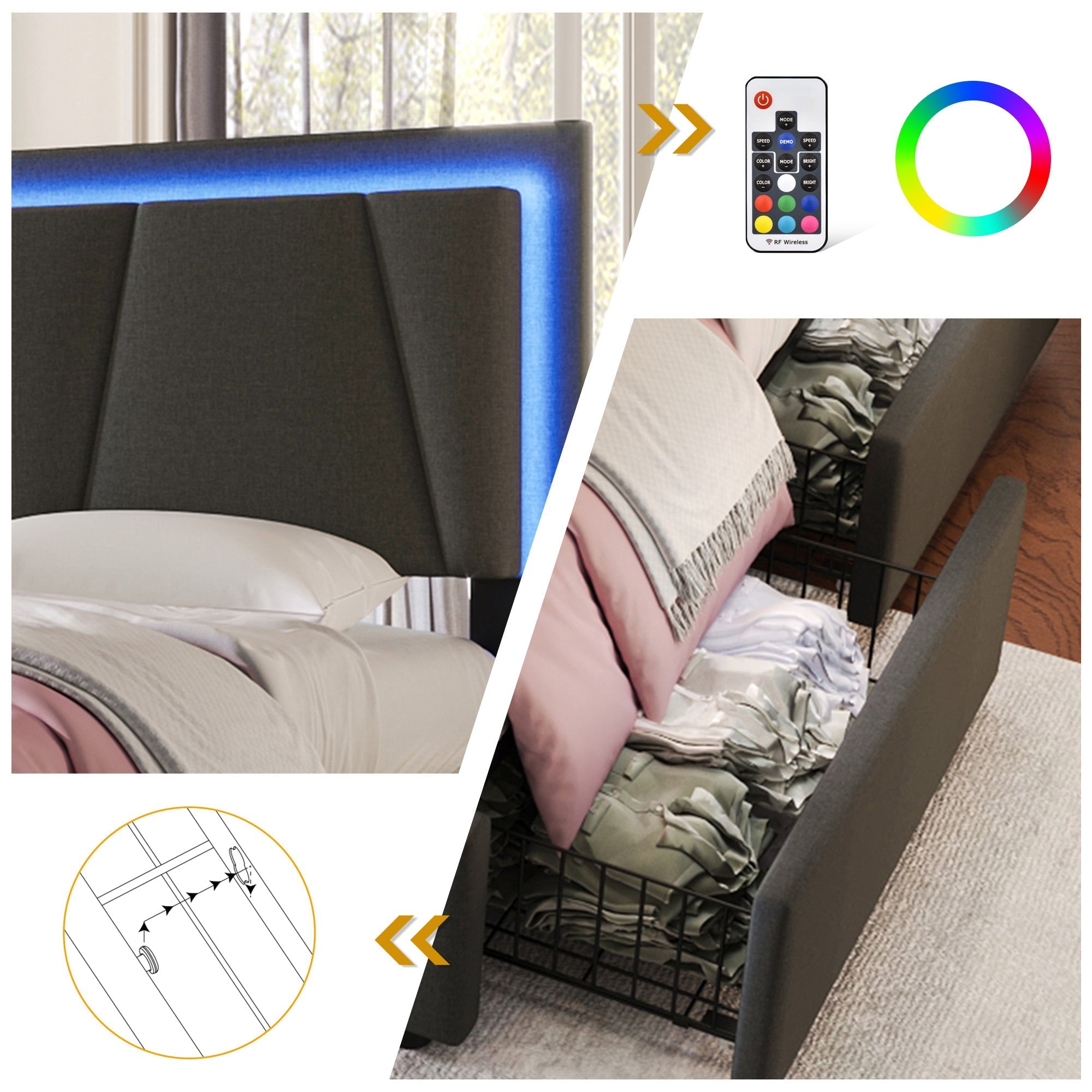 Upholstered Bed with LED Lighting, 4 Drawers and Adjustable Headboard, 160x200cm, Grey Wood