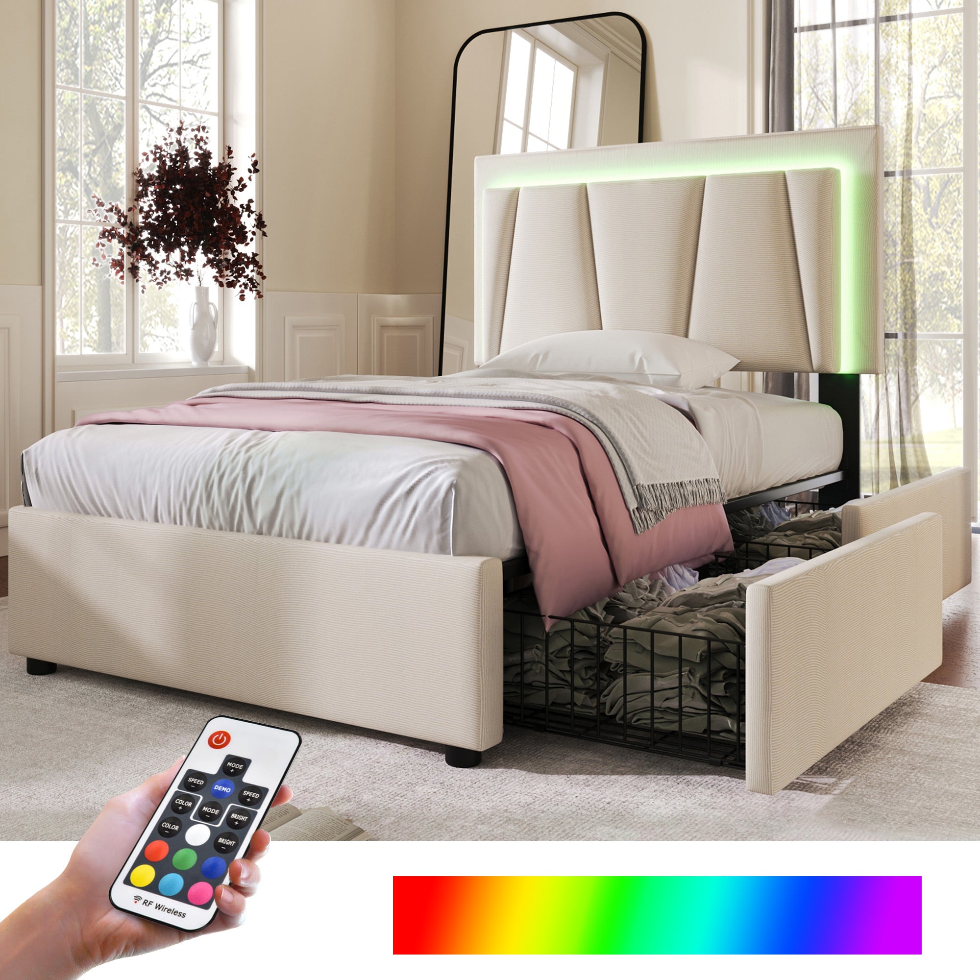 Upholstered Bed 90x200cm LED, 2 Drawers, Adjustable Headboard, Wooden Slats, Beige (with Mattress)