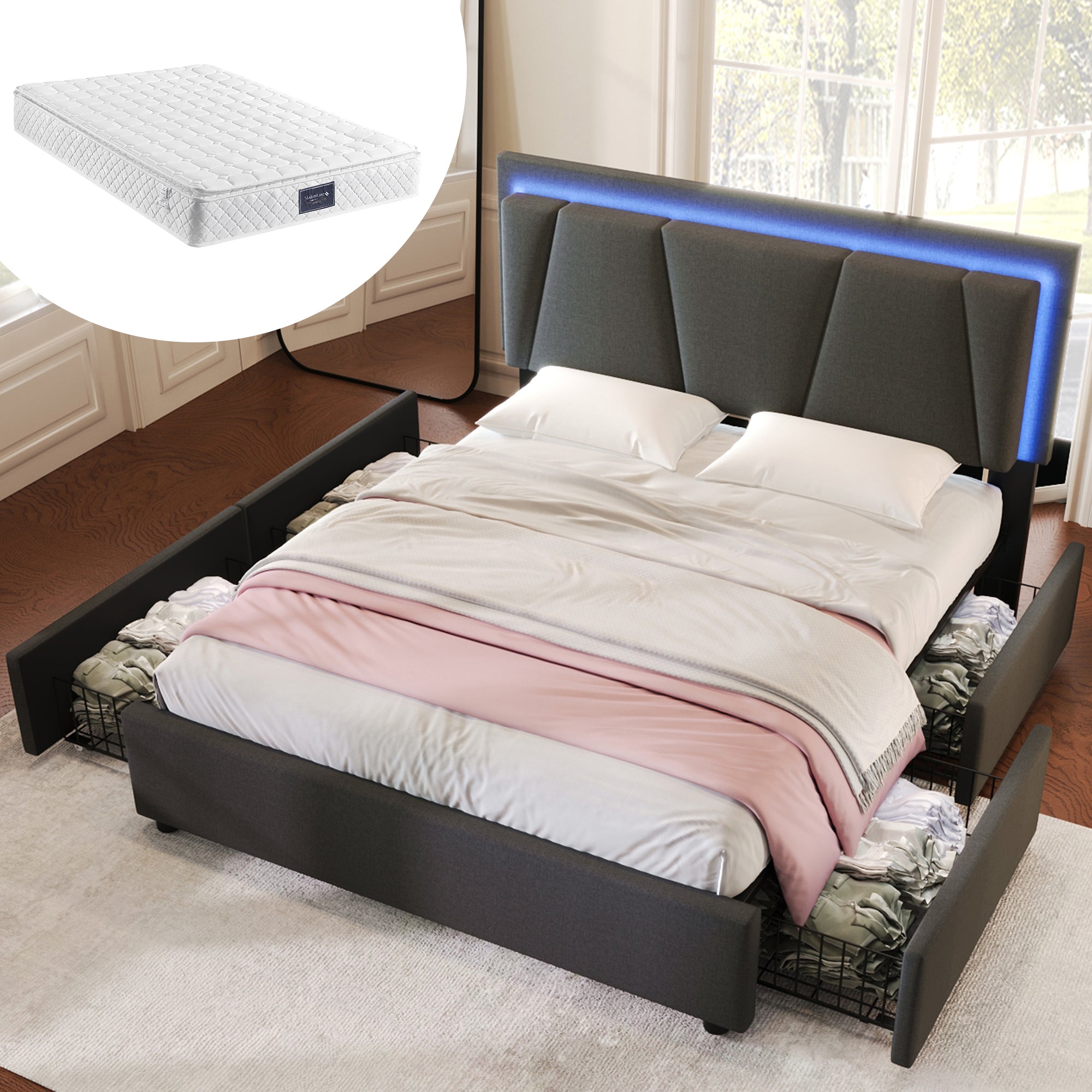 Upholstered Bed, LED, 4 Drawers, Adjustable Headboard, Double 160x200cm, Gray Linen