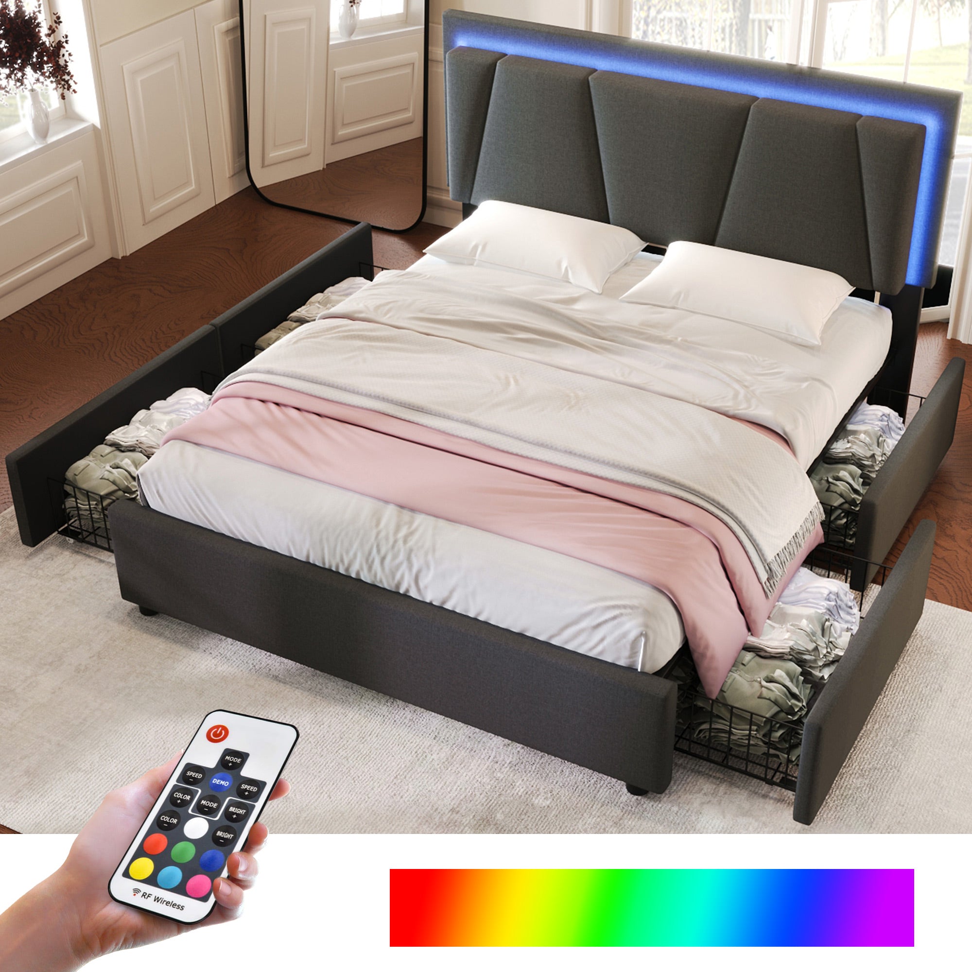 Upholstered Bed with LED Lighting, 4 Drawers, Height-Adjustable Headboard, Gray