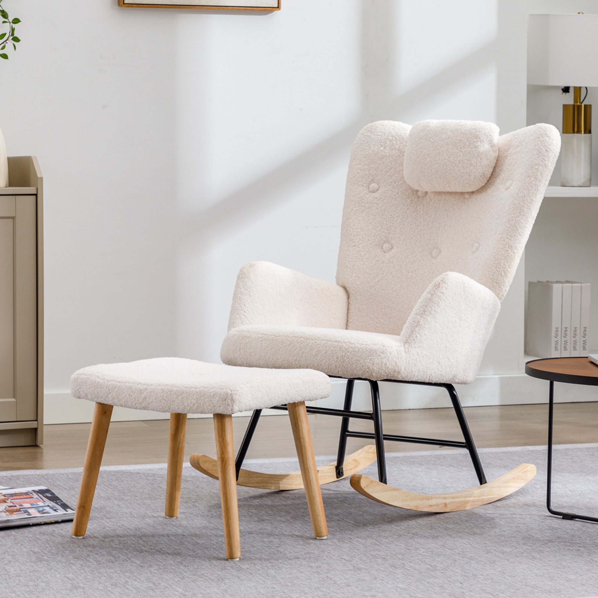 Rocking Chair, Soft Teddy Plush with Headrest & Footrest, White
