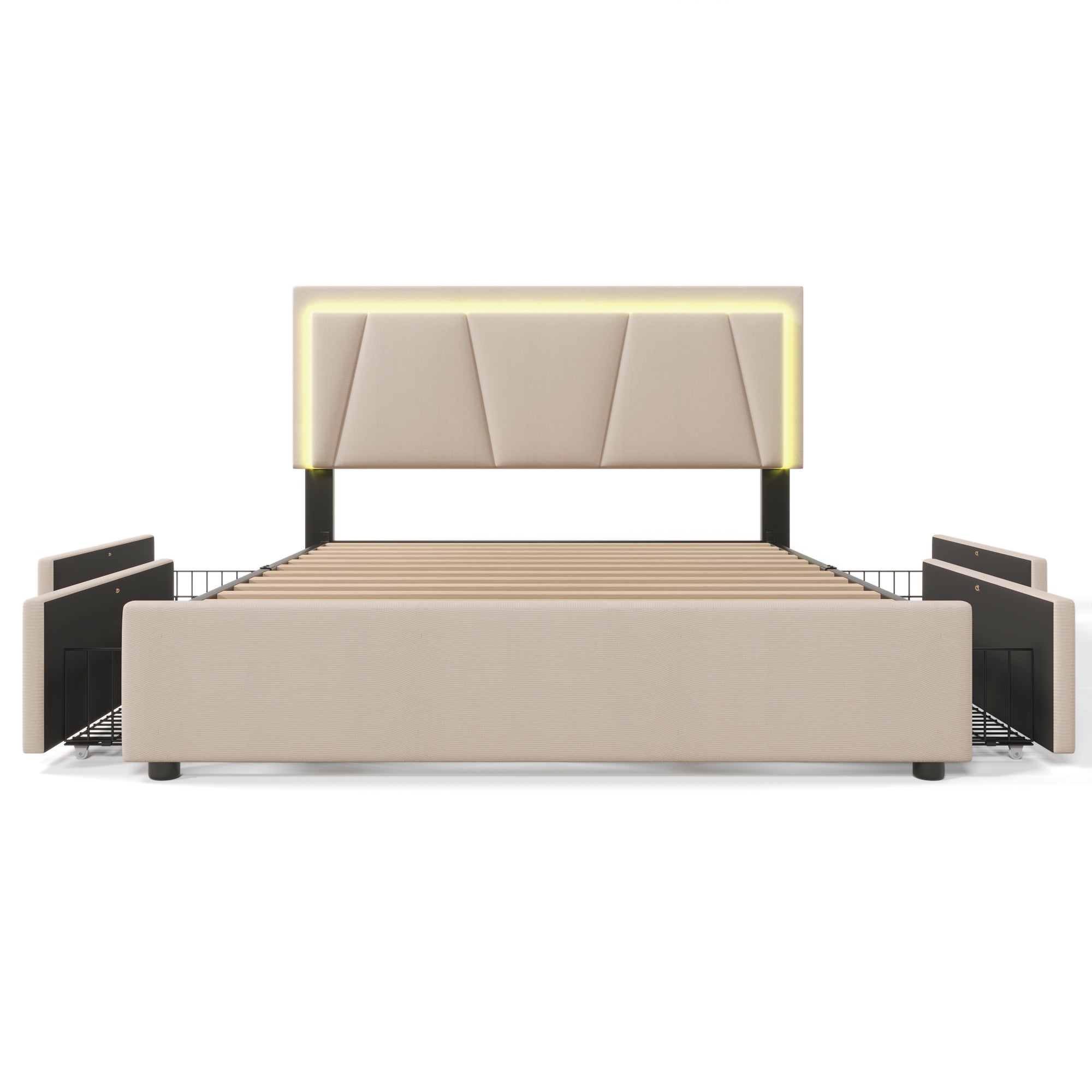 Upholstered Bed with LED Lighting, 4 Drawers and Adjustable Headboard, 160x200cm, Beige
