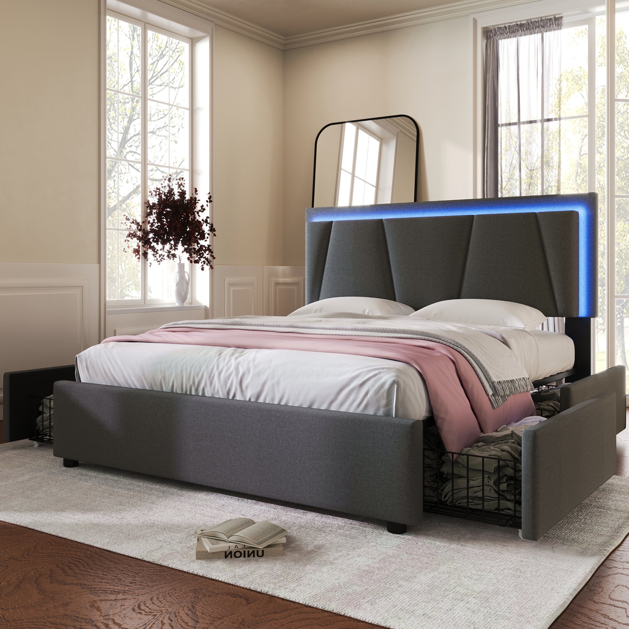 Upholstered Bed with LED Lighting, 4 Drawers, Height-Adjustable Headboard, Gray