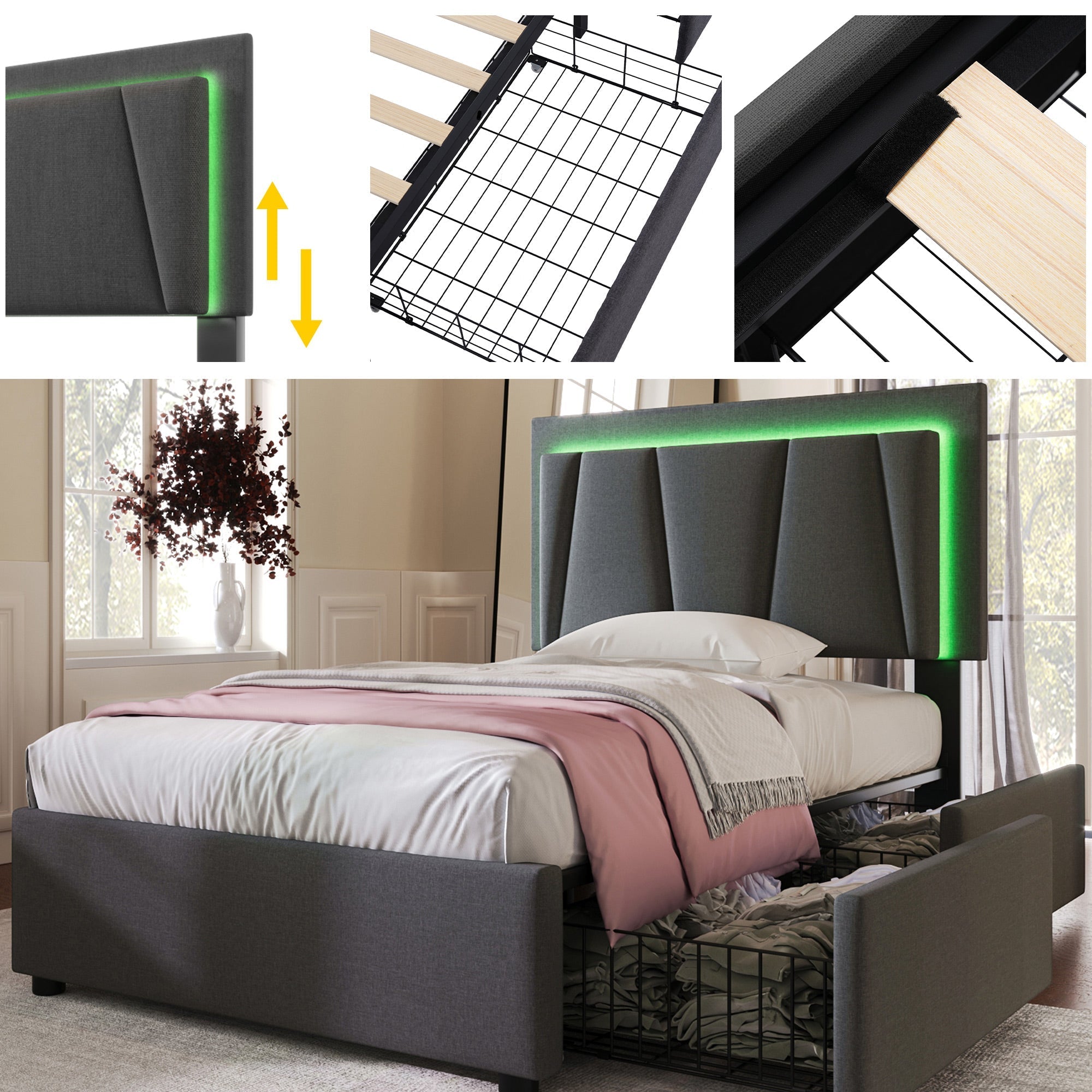 Upholstered Bed, Single 90x200cm, LED & 2 Drawers, Wooden Slatted Frame, Garu