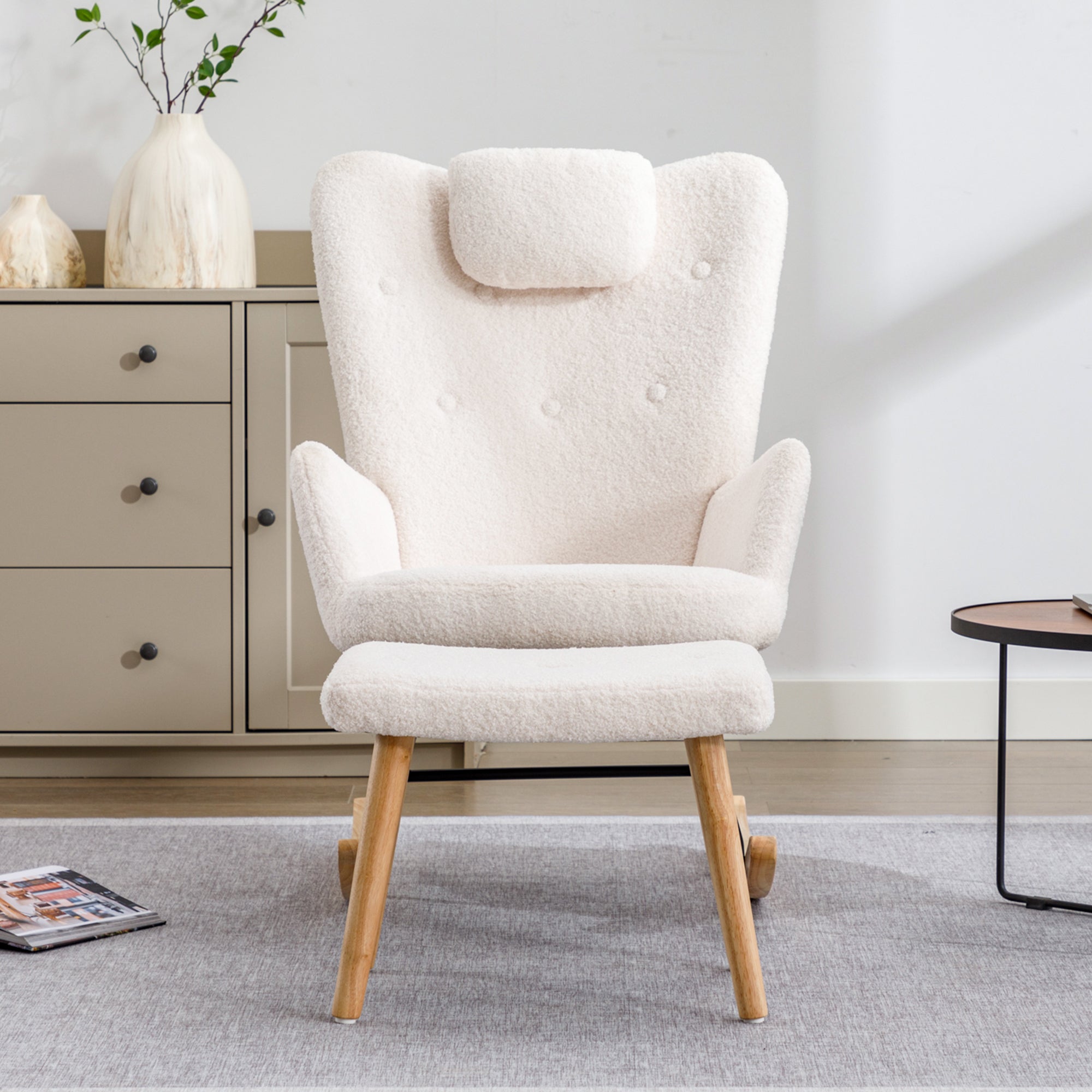 Rocking Chair, Soft Teddy Plush with Headrest & Footrest, White