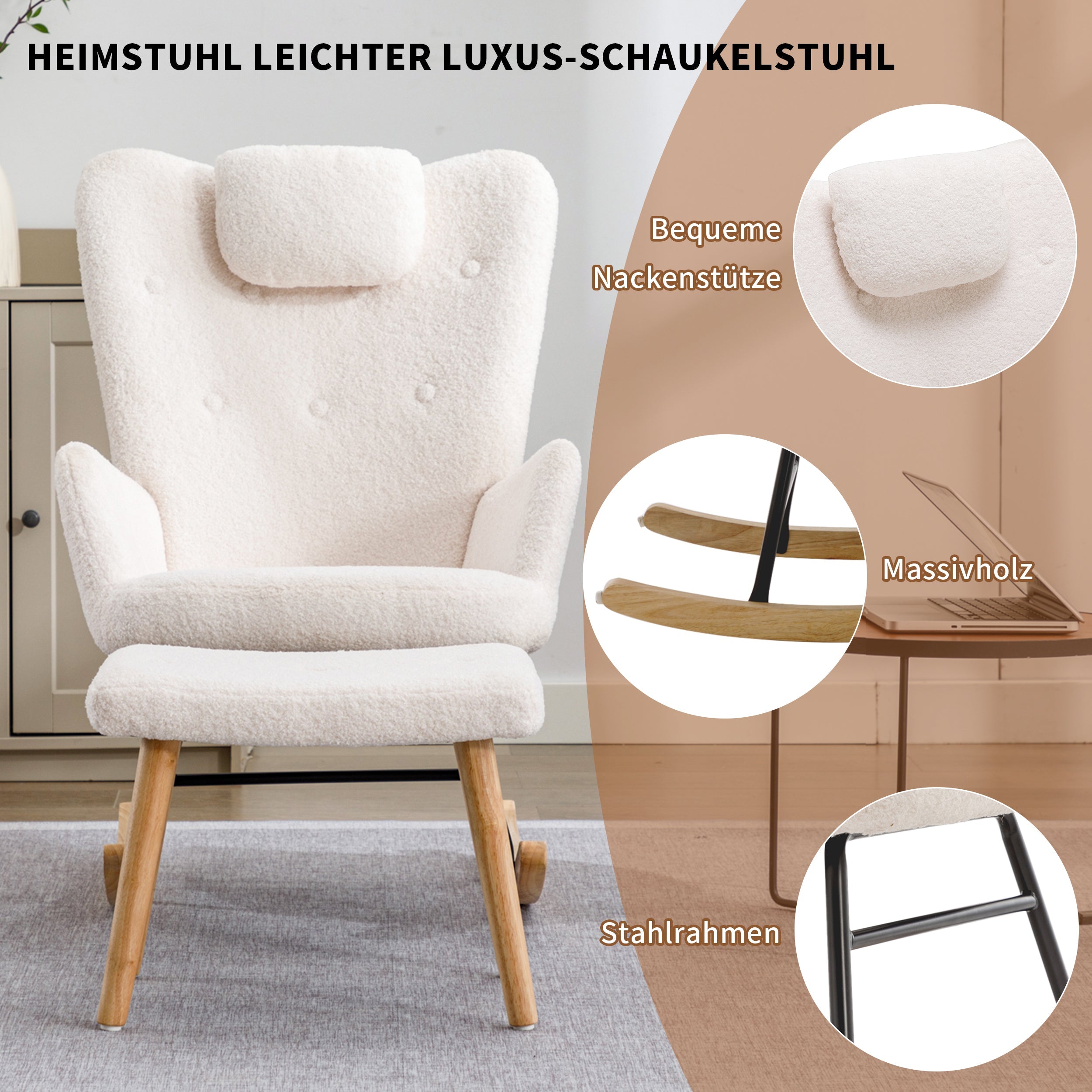 Rocking Chair, Soft Teddy Plush with Headrest & Footrest, White