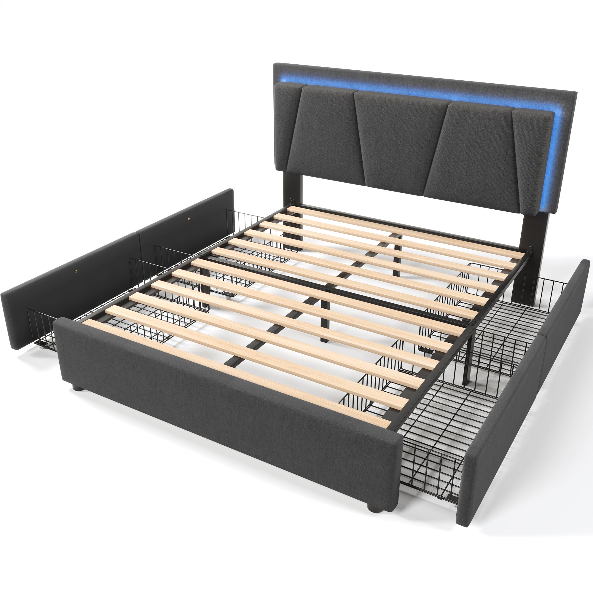 Upholstered Bed with LED Lighting, 4 Drawers, Height-Adjustable Headboard, Gray