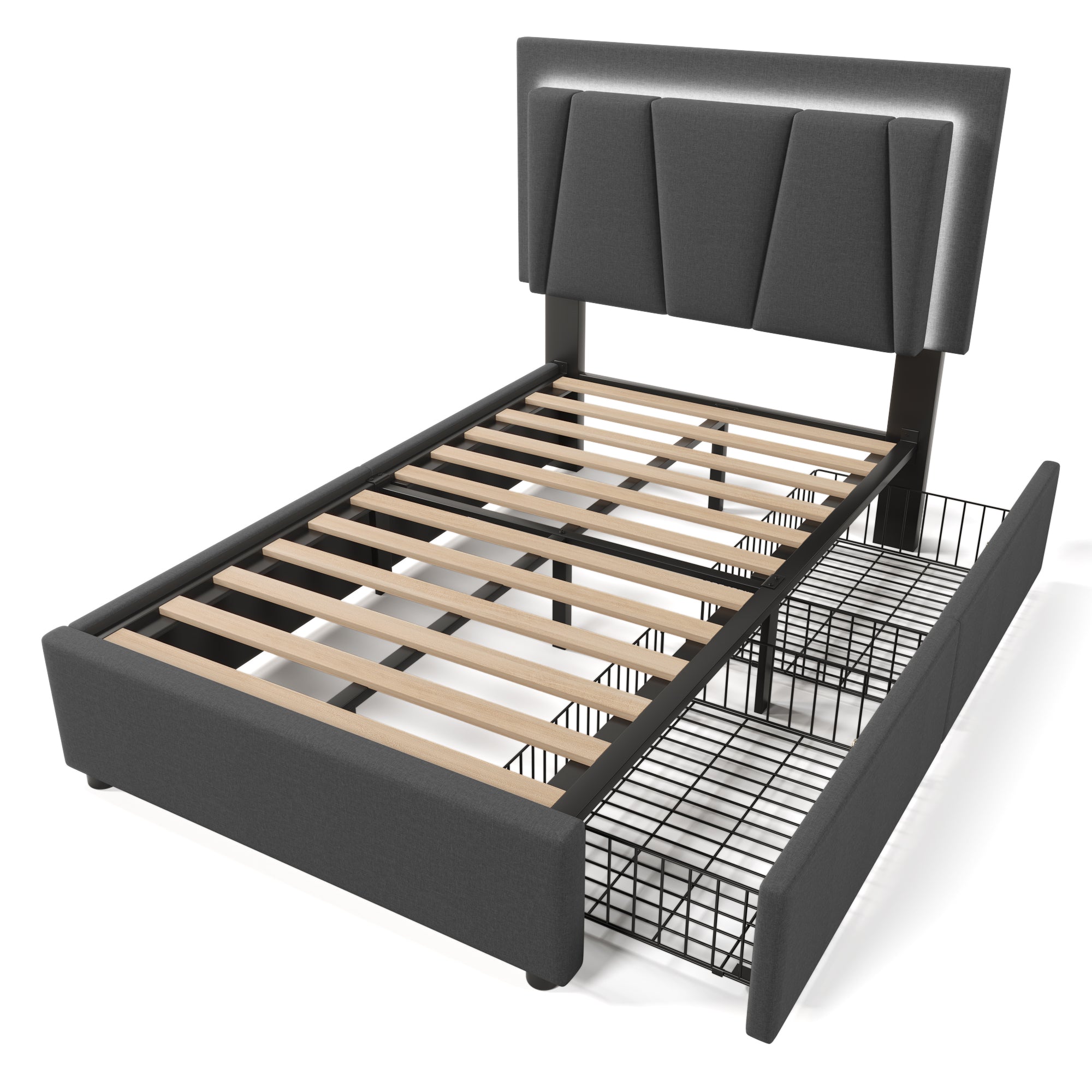 Upholstered Bed, Single 90x200cm, LED & 2 Drawers, Wooden Slatted Frame, Garu